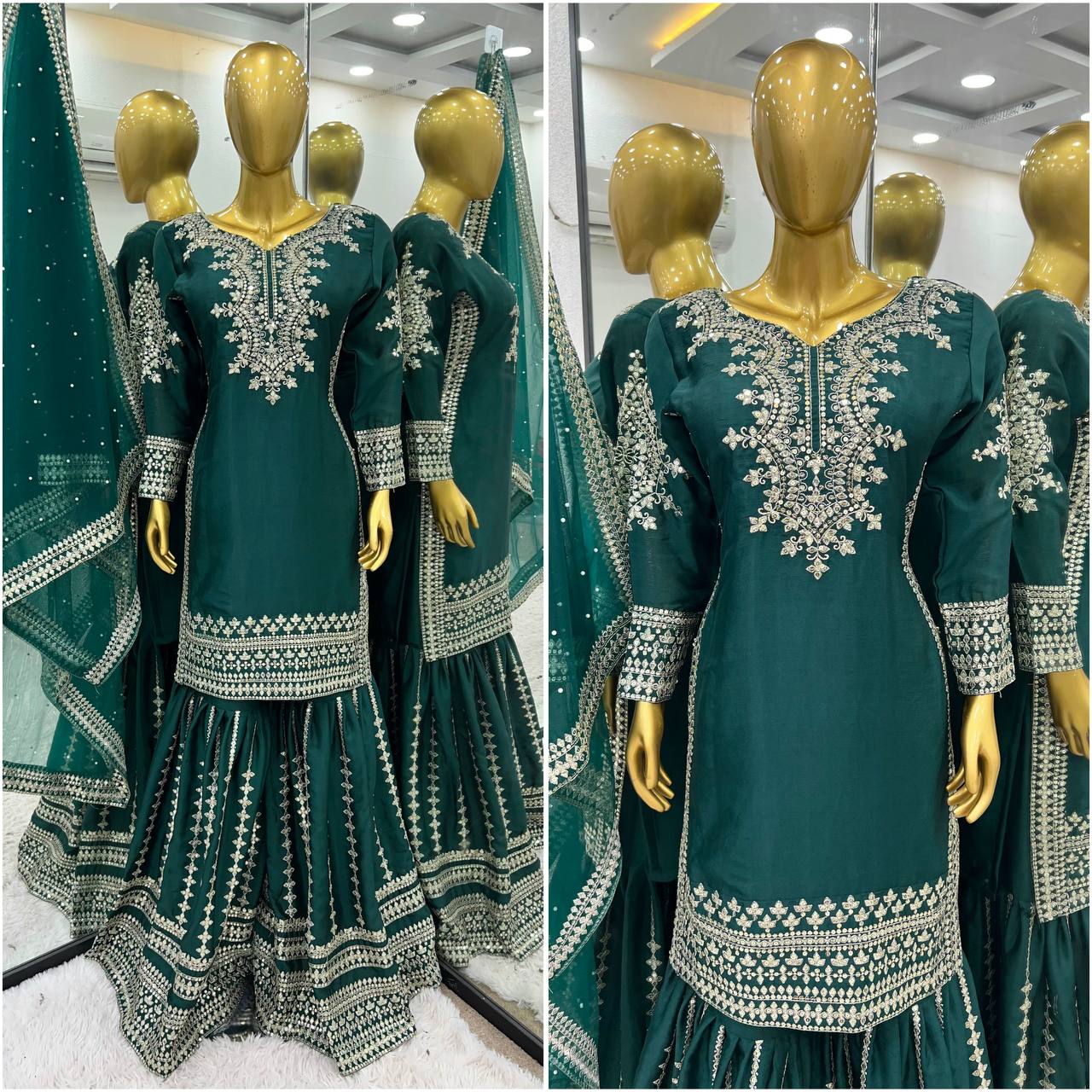 Wedding Special Green Color Silk Sharara Dress