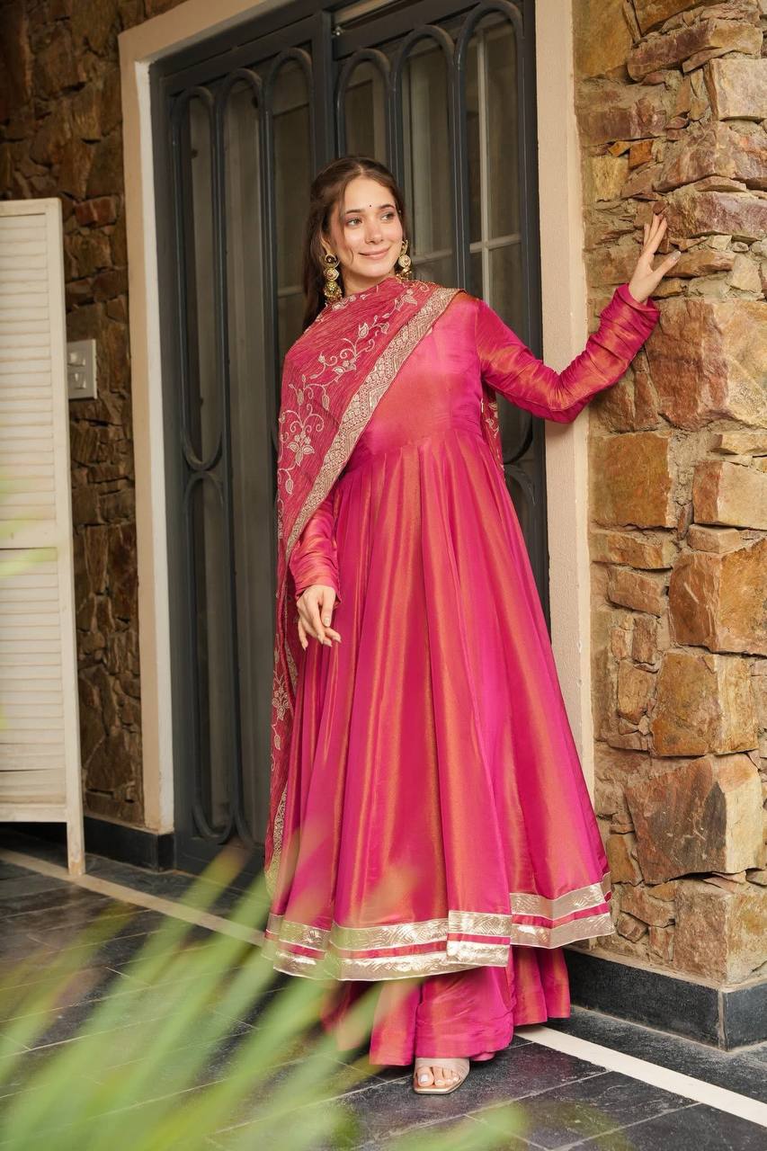 Pink Shading color Sequence & Thread work Designer Gown