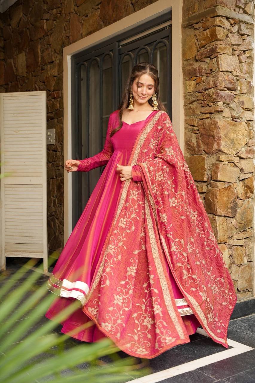 Pink Shading color Sequence & Thread work Designer Gown