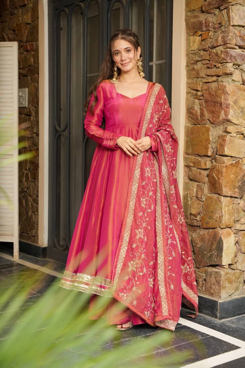Pink Shading color Sequence & Thread work Designer Gown