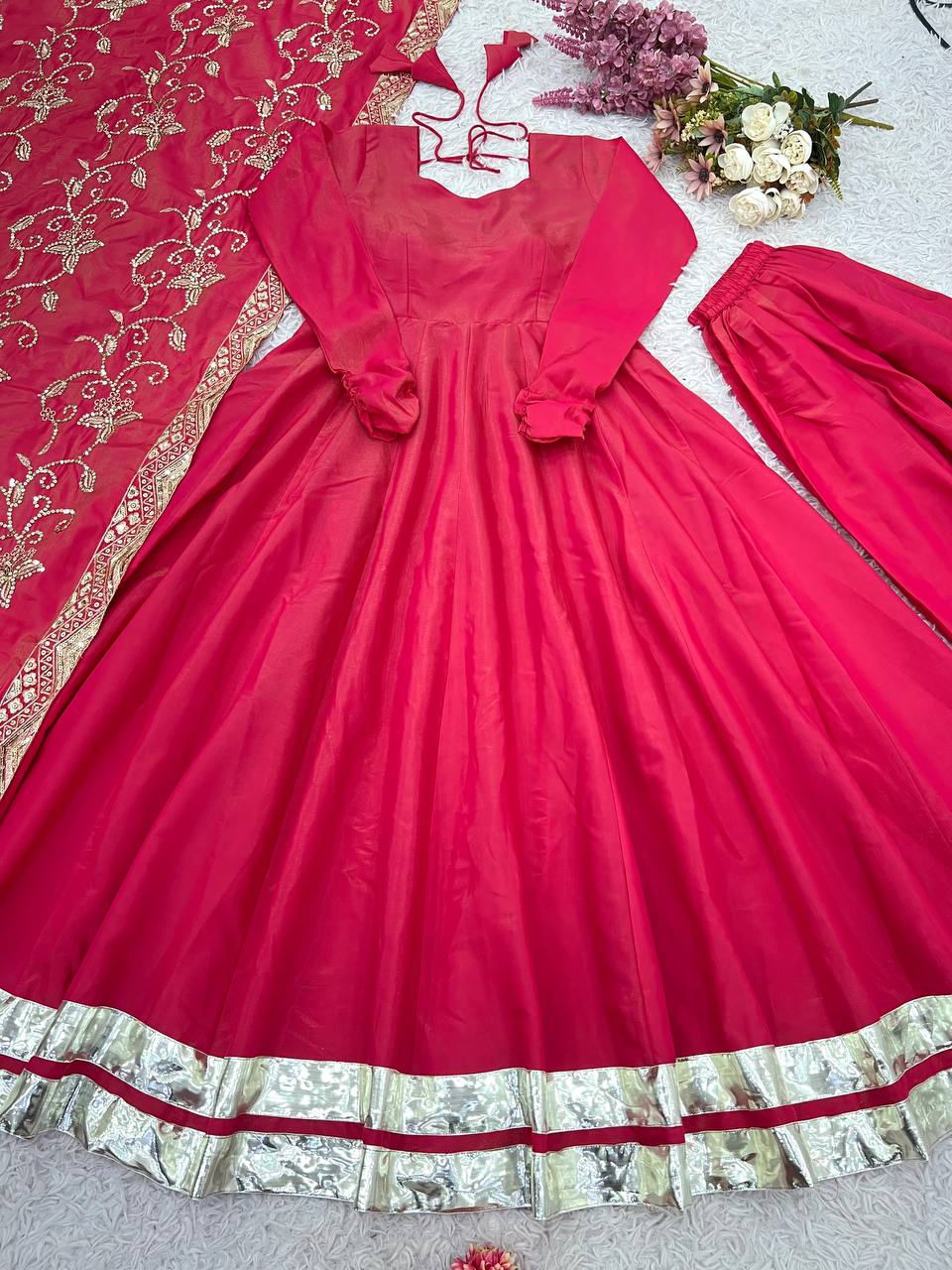 Pink Shading color Sequence & Thread work Designer Gown