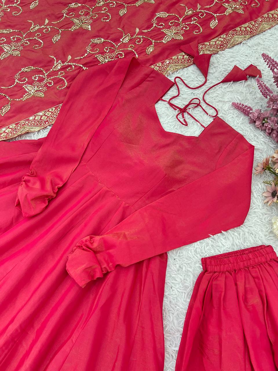 Pink Shading color Sequence & Thread work Designer Gown