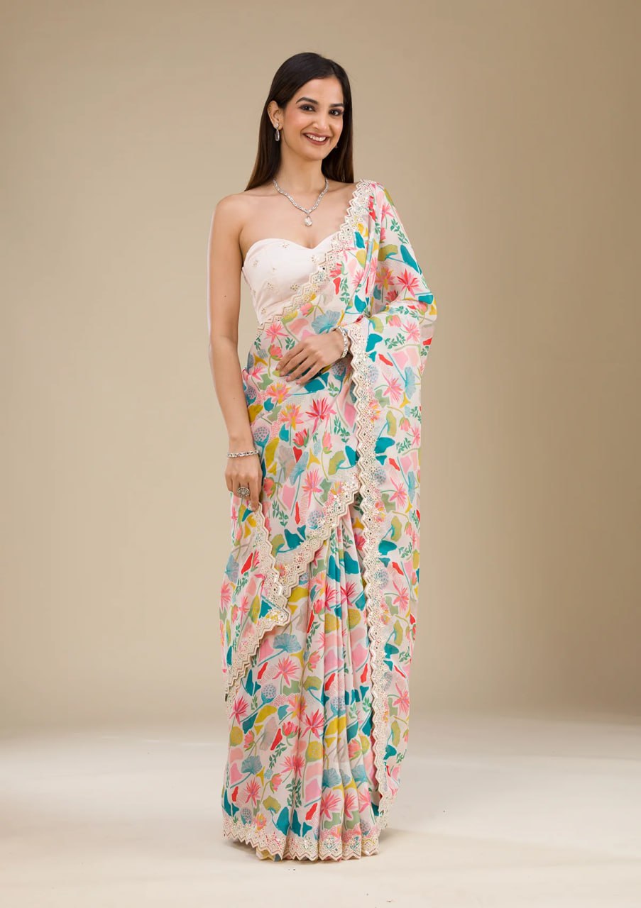 Beautiful Georgette Fabric Multi Color Designer Saree