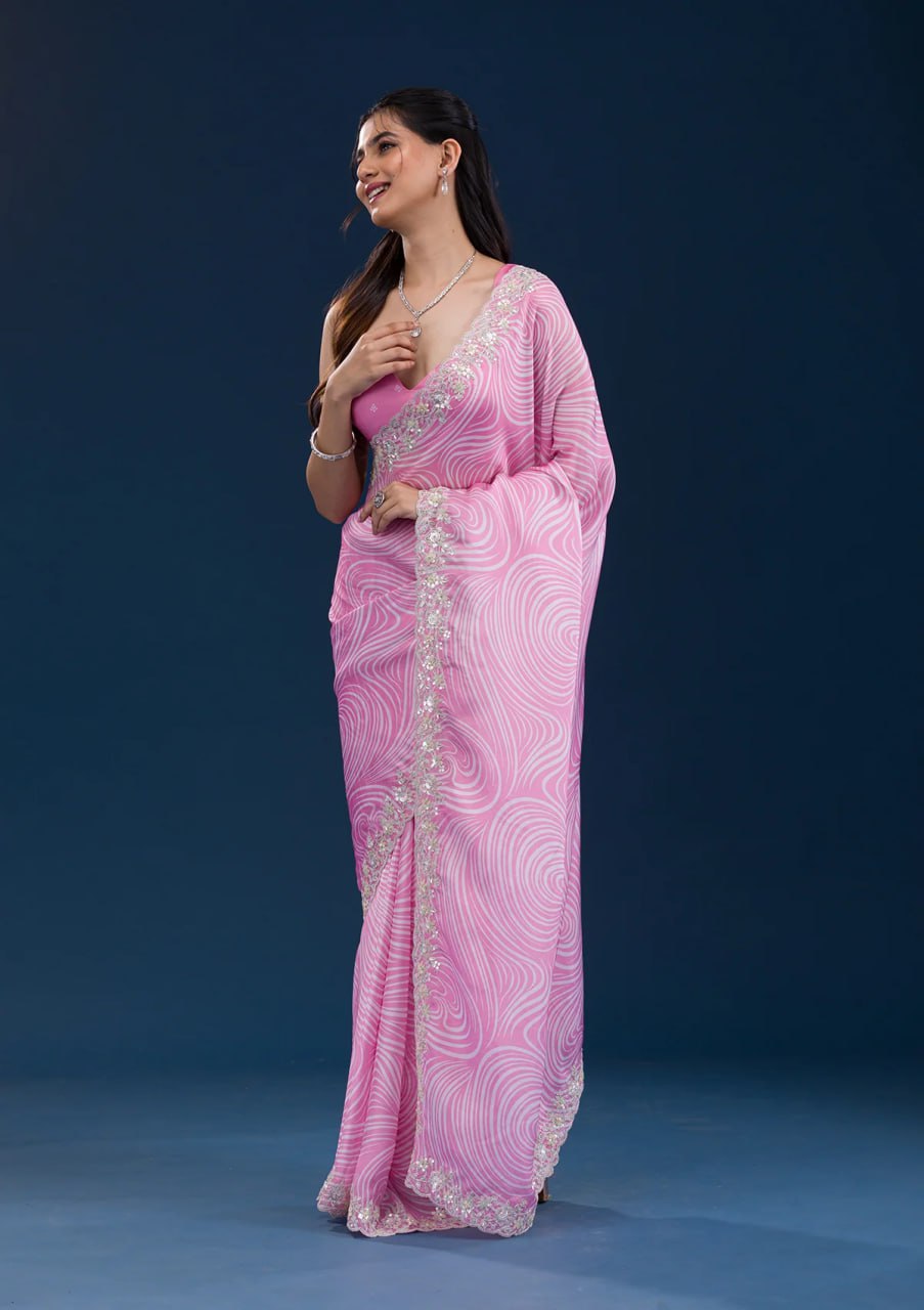 Latest Light Pink Color Georgette Designer Saree