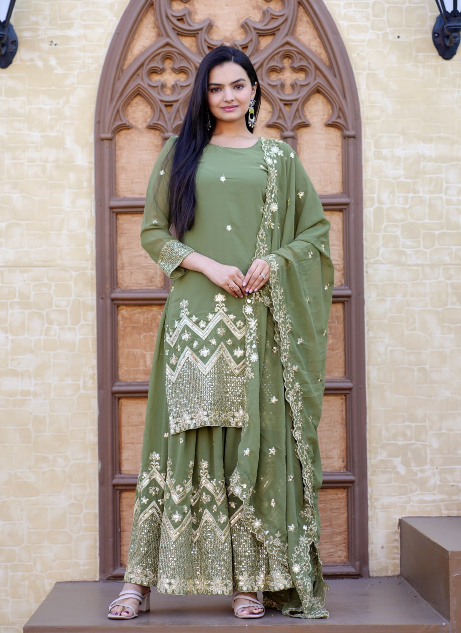 Mehndi Green Color Georgette Designer Sharara Suit Set