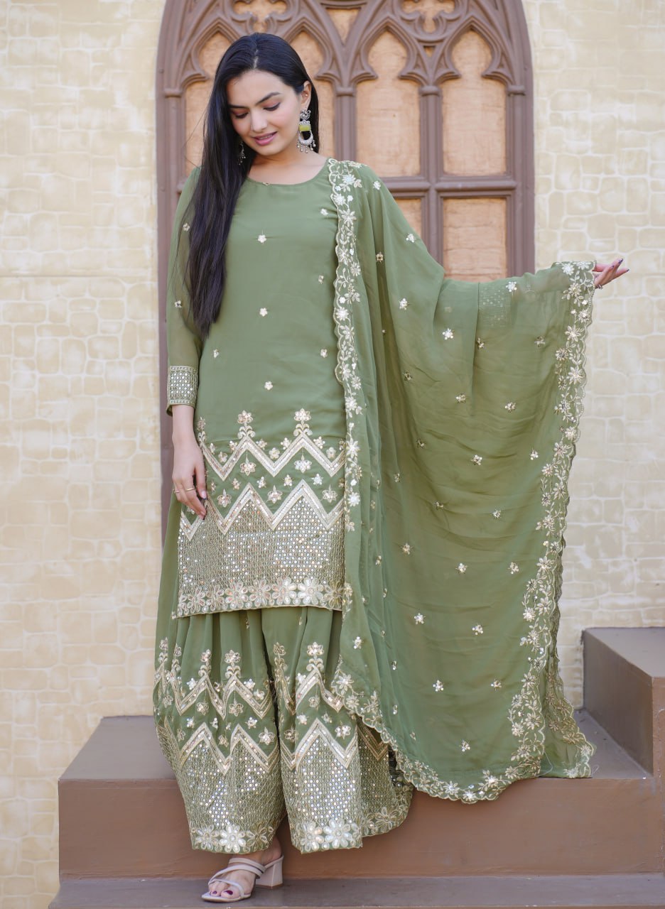 Mehndi Green Color Georgette Designer Sharara Suit Set