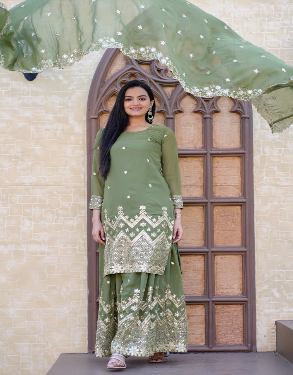 Mehndi Green Color Georgette Designer Sharara Suit Set