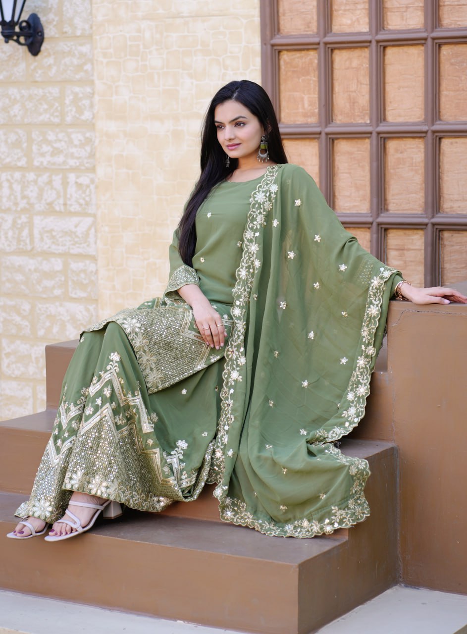 Mehndi Green Color Georgette Designer Sharara Suit Set