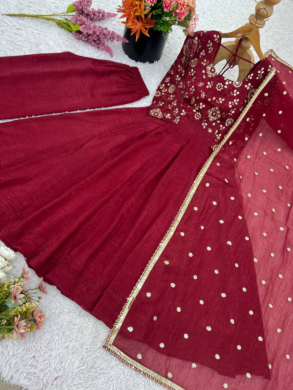 Most Trending Festive Special Fully Flair Maroon Color Anarkali Suit