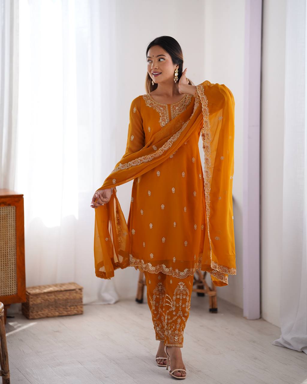 Buy Mustered Color Party Wear Designer Anarkali Suit