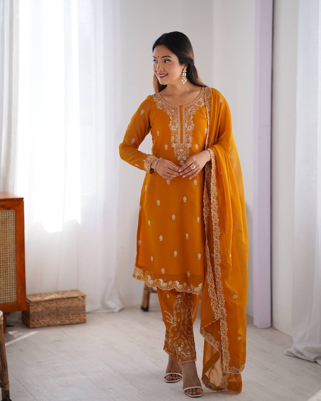 Buy Mustered Color Party Wear Designer Anarkali Suit