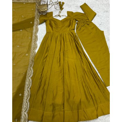 Yellow Color Roman Silk Flared Designer Anarkali Gown