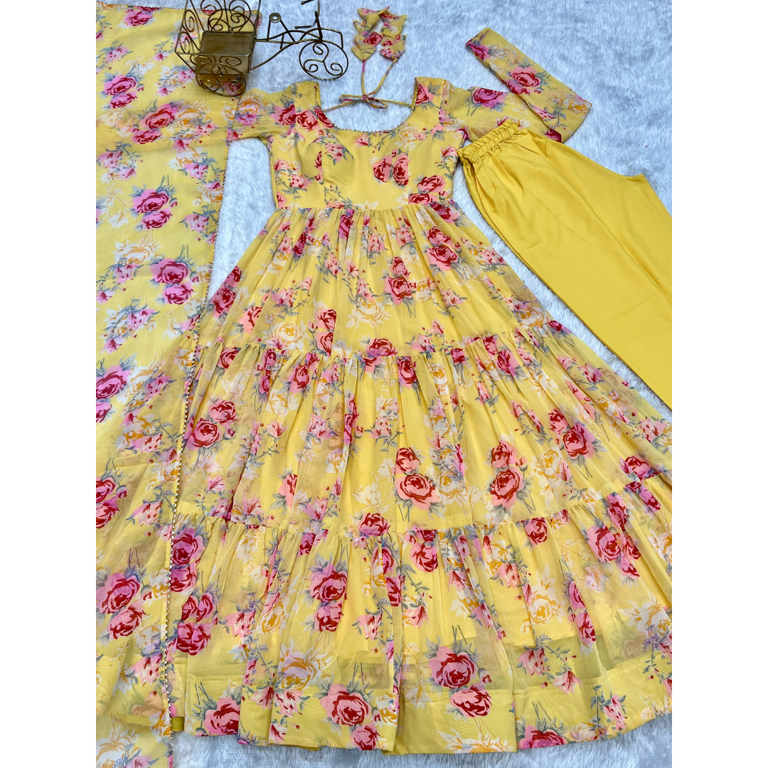 Yellow Color Pure Georgette Designer Anarkali Gown With Pant & Dupatta Set