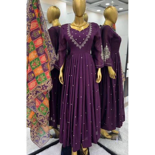 Wine Color Chinon Silk Designer Gown With Pent & Dupatta Set