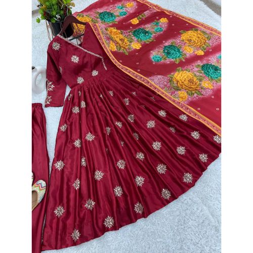 Maroon Color Chinon Silk Designer Gown With  Palazzo & Dupatta Set