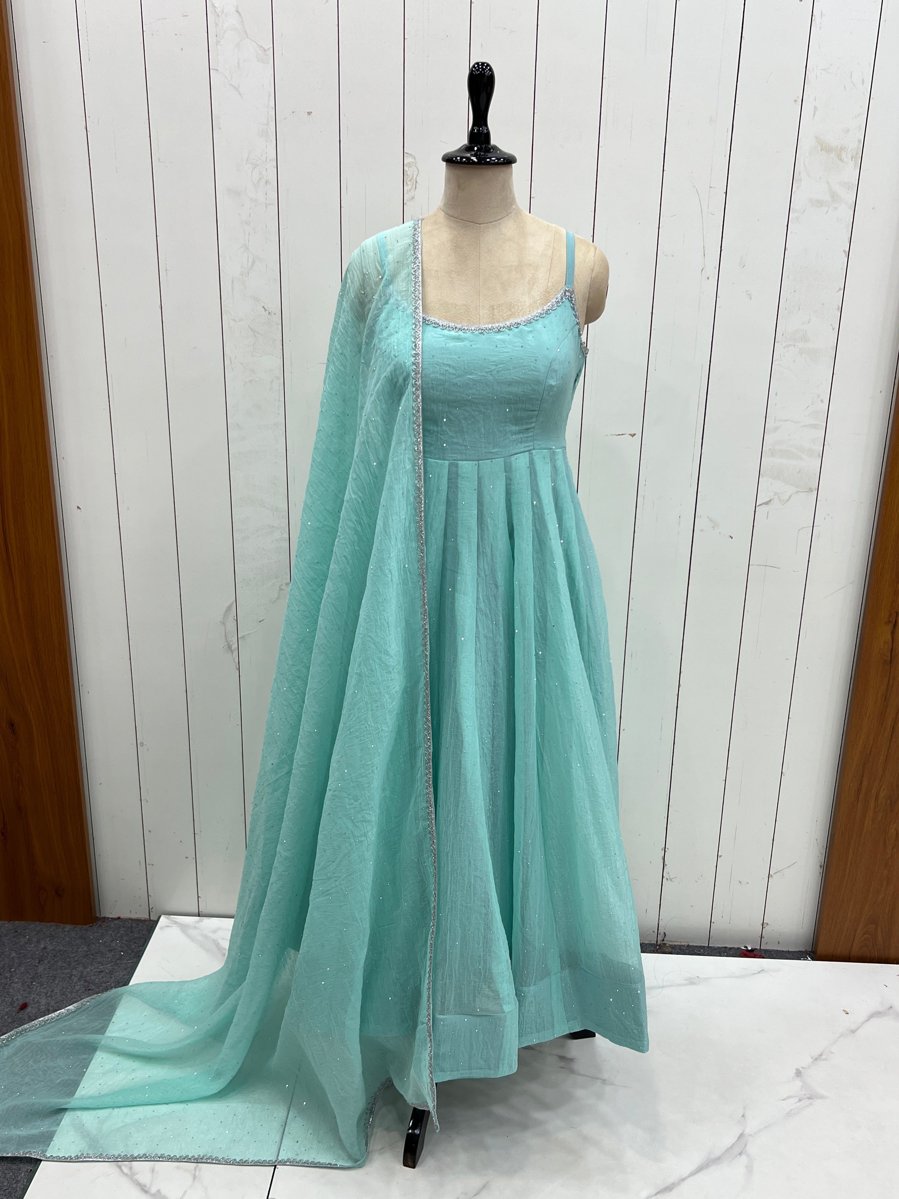 Aqua Blue Color Designer Anarkali Gown With Pant & Dupatta