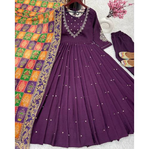 Wine Color Chinon Silk Designer Gown With Pent & Dupatta Set