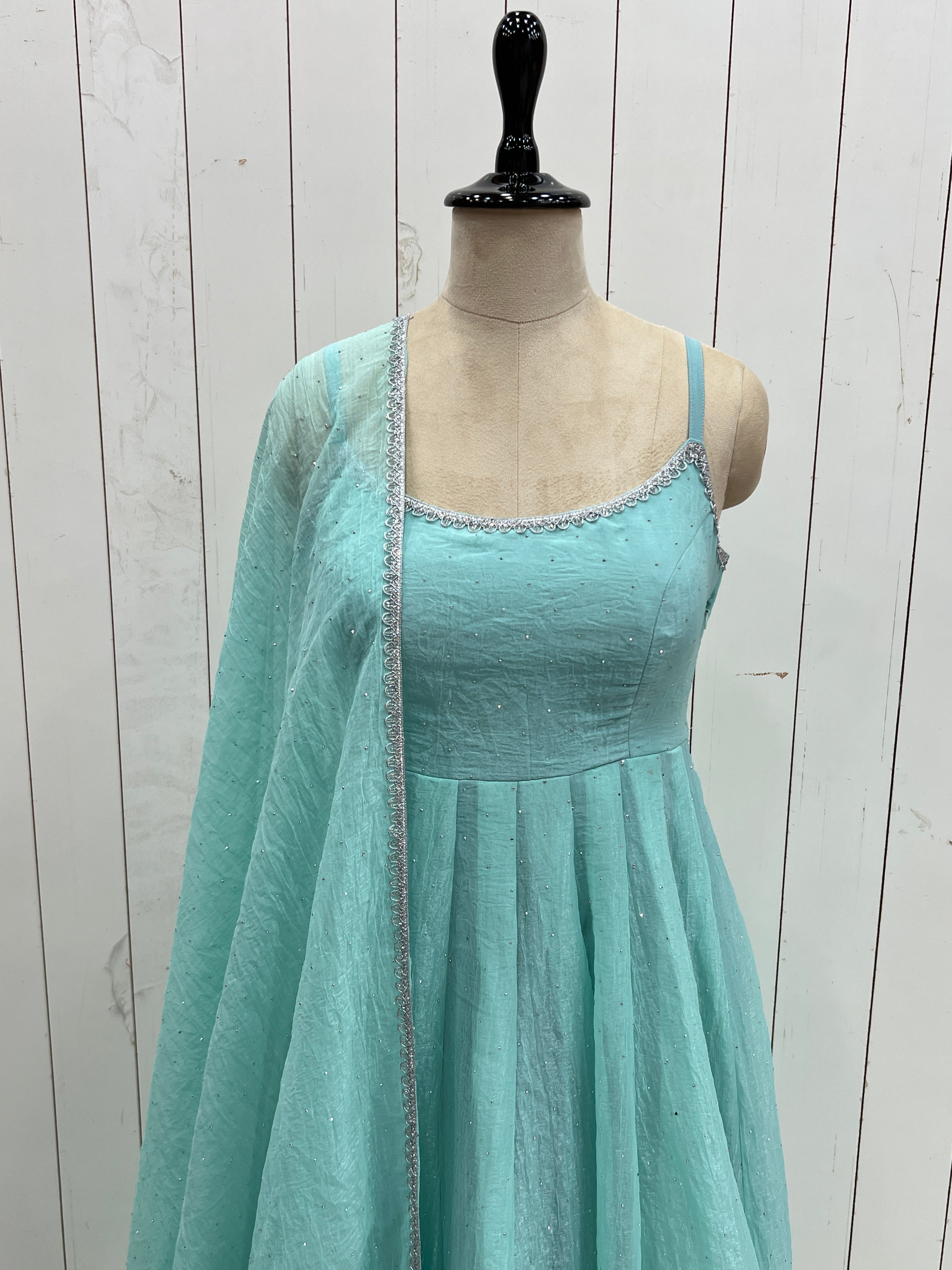 Aqua Blue Color Designer Anarkali Gown With Pant & Dupatta