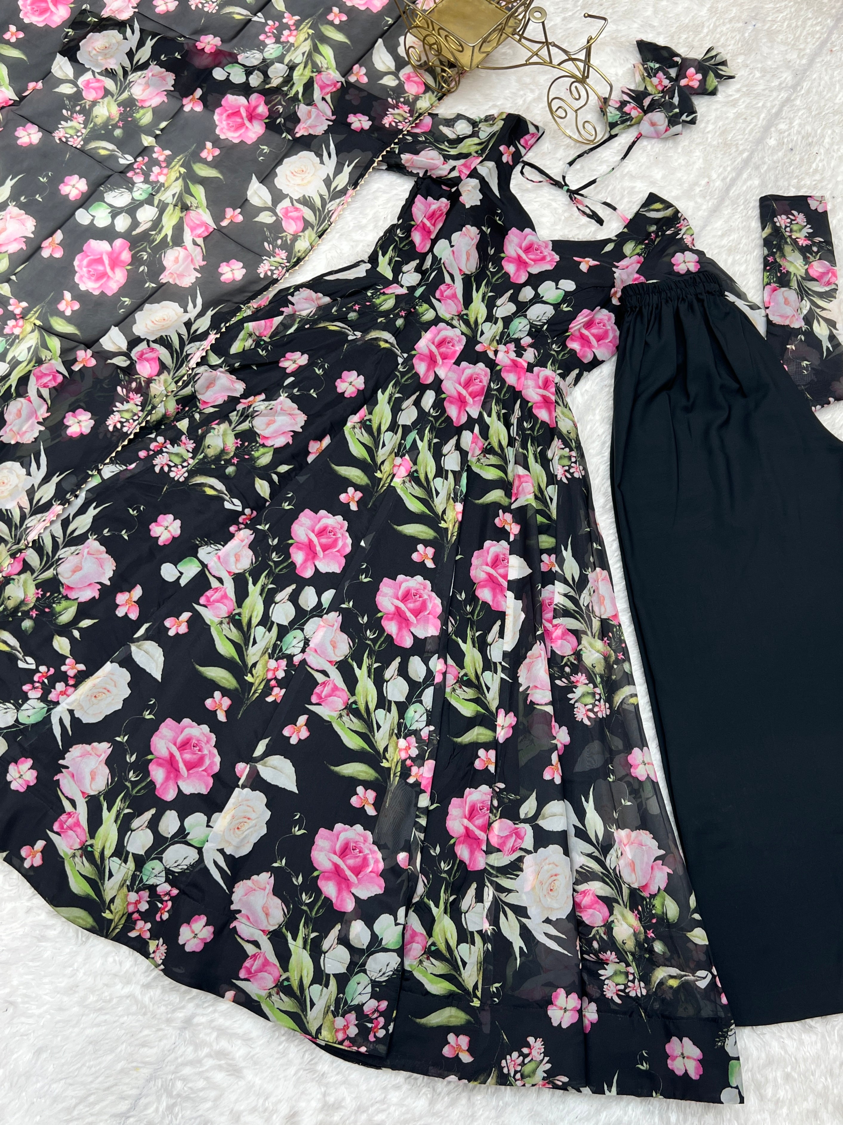 Black Color Flower Printed Anarkali Gown With Pant & Dupatta set