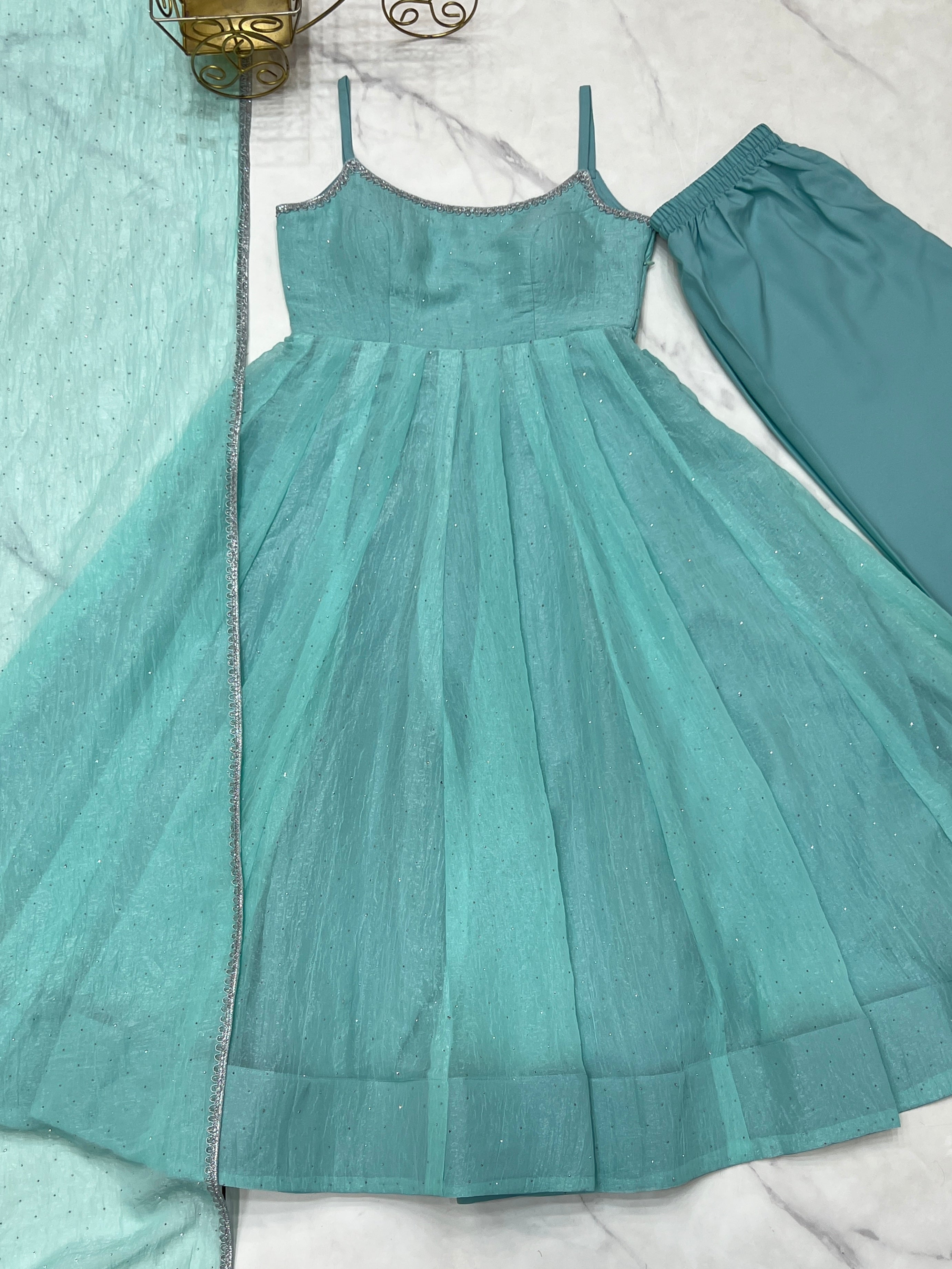 Aqua Blue Color Designer Anarkali Gown With Pant & Dupatta