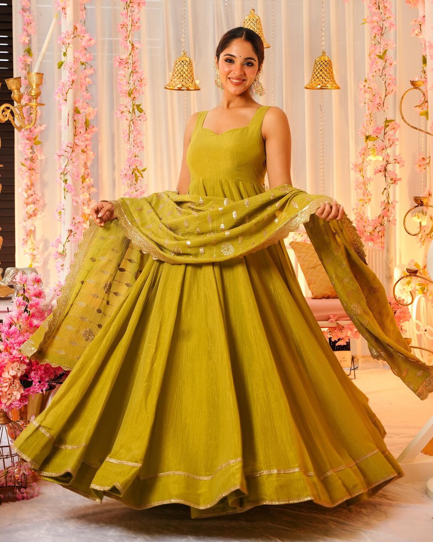 Mehendi Color Chinon Silk  Fully Stitched Partywear Designer Gown