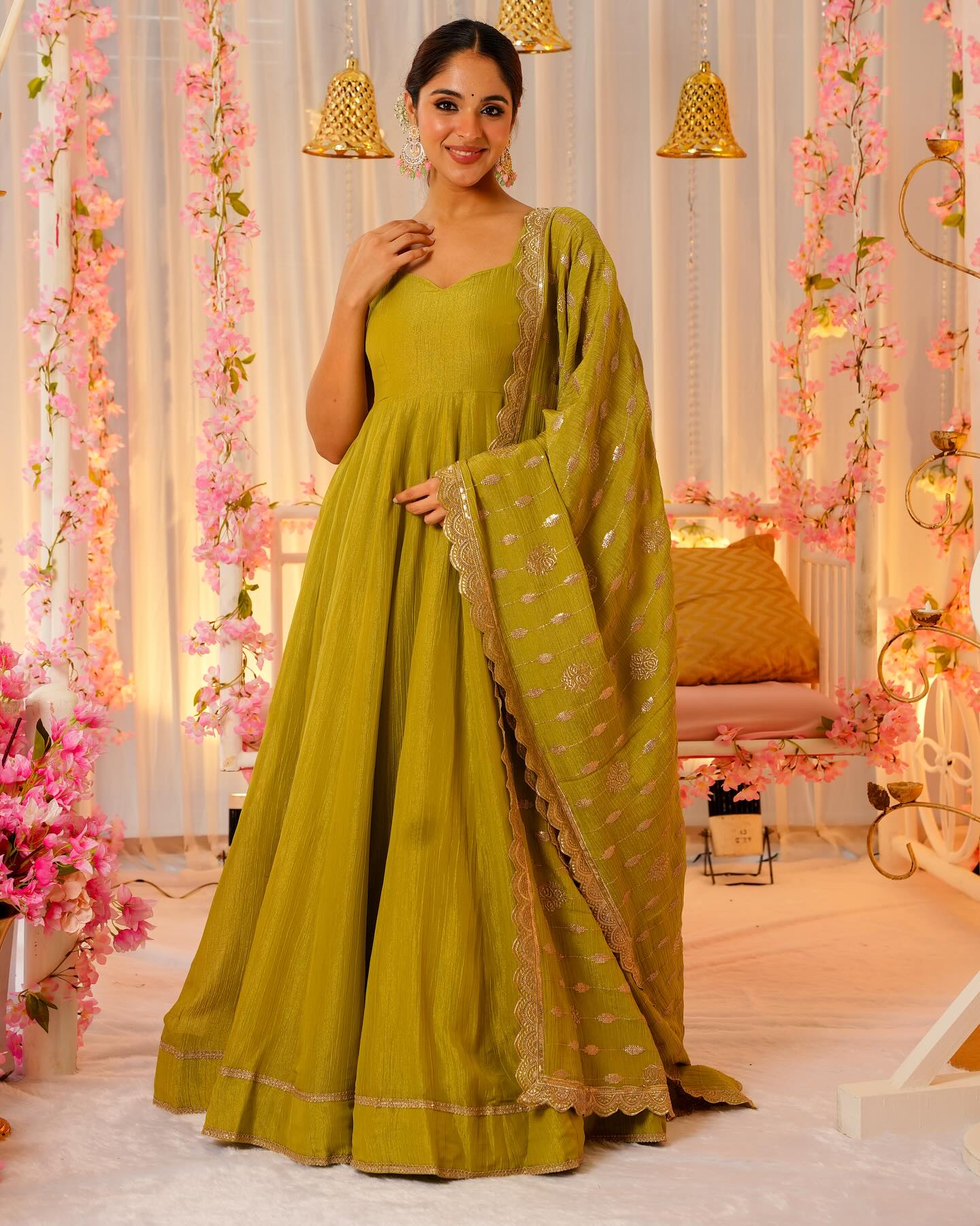 Mehendi Color Chinon Silk  Fully Stitched Partywear Designer Gown