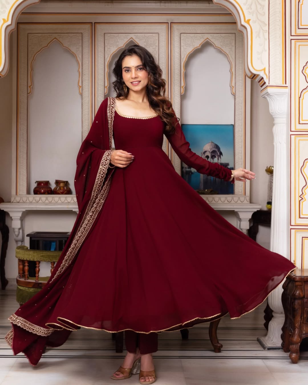 Maroon Color Fully Flair Party Wear Anarkali Gown