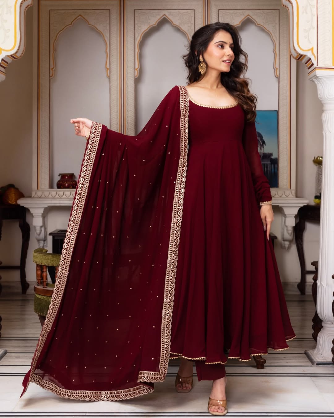 Maroon Color Fully Flair Party Wear Anarkali Gown