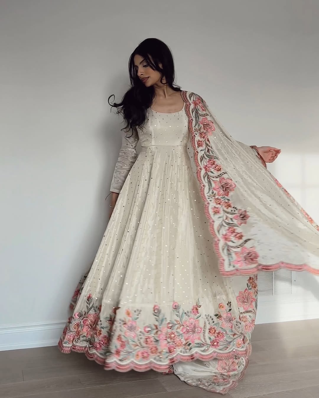 Cream Color Fully Flair Anarkali Hand Work Set