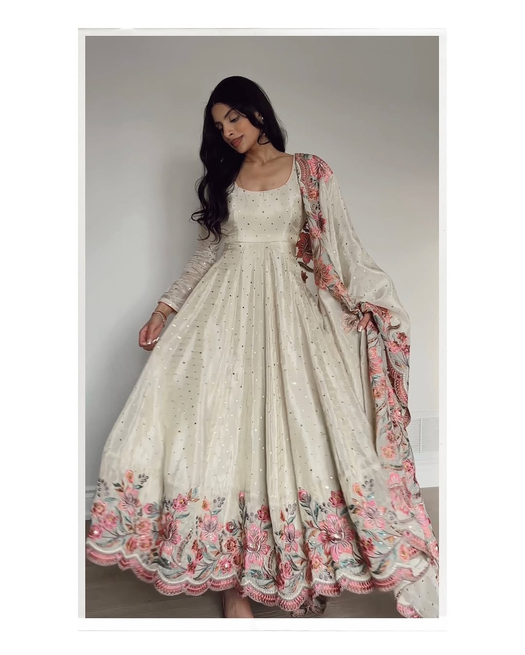 Cream Color Fully Flair Anarkali Hand Work Set