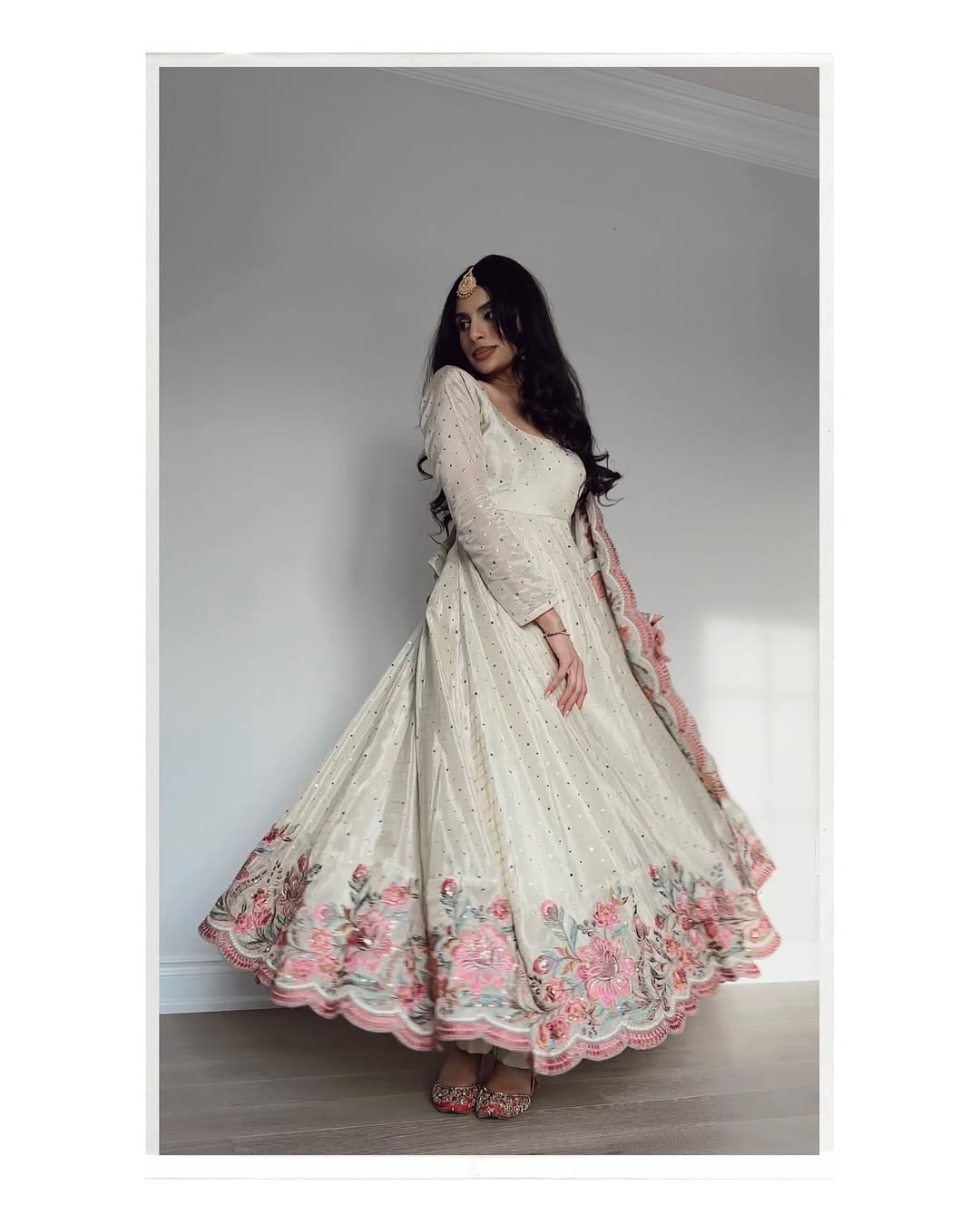 Cream Color Fully Flair Anarkali Hand Work Set
