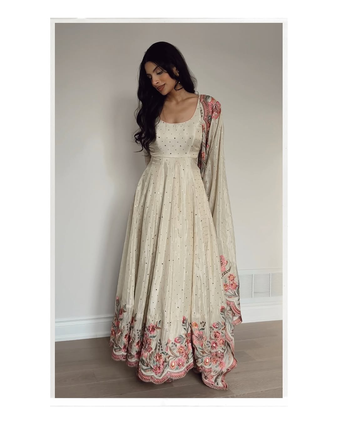 Cream Color Fully Flair Anarkali Hand Work Set