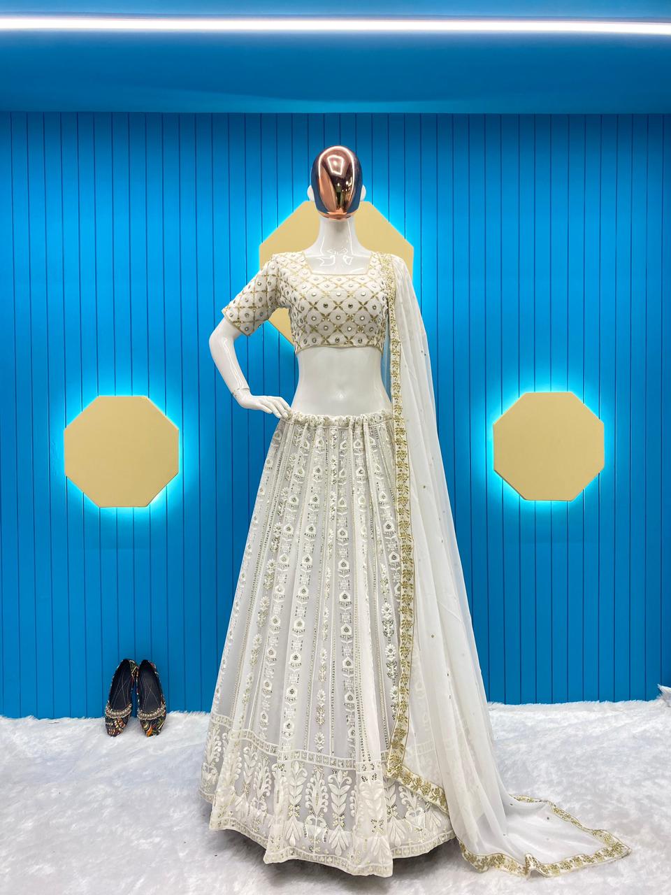 1999 | Simple beautiful white lehenga | Designerkloth | Silk half saree,  Half saree designs, Half saree lehenga