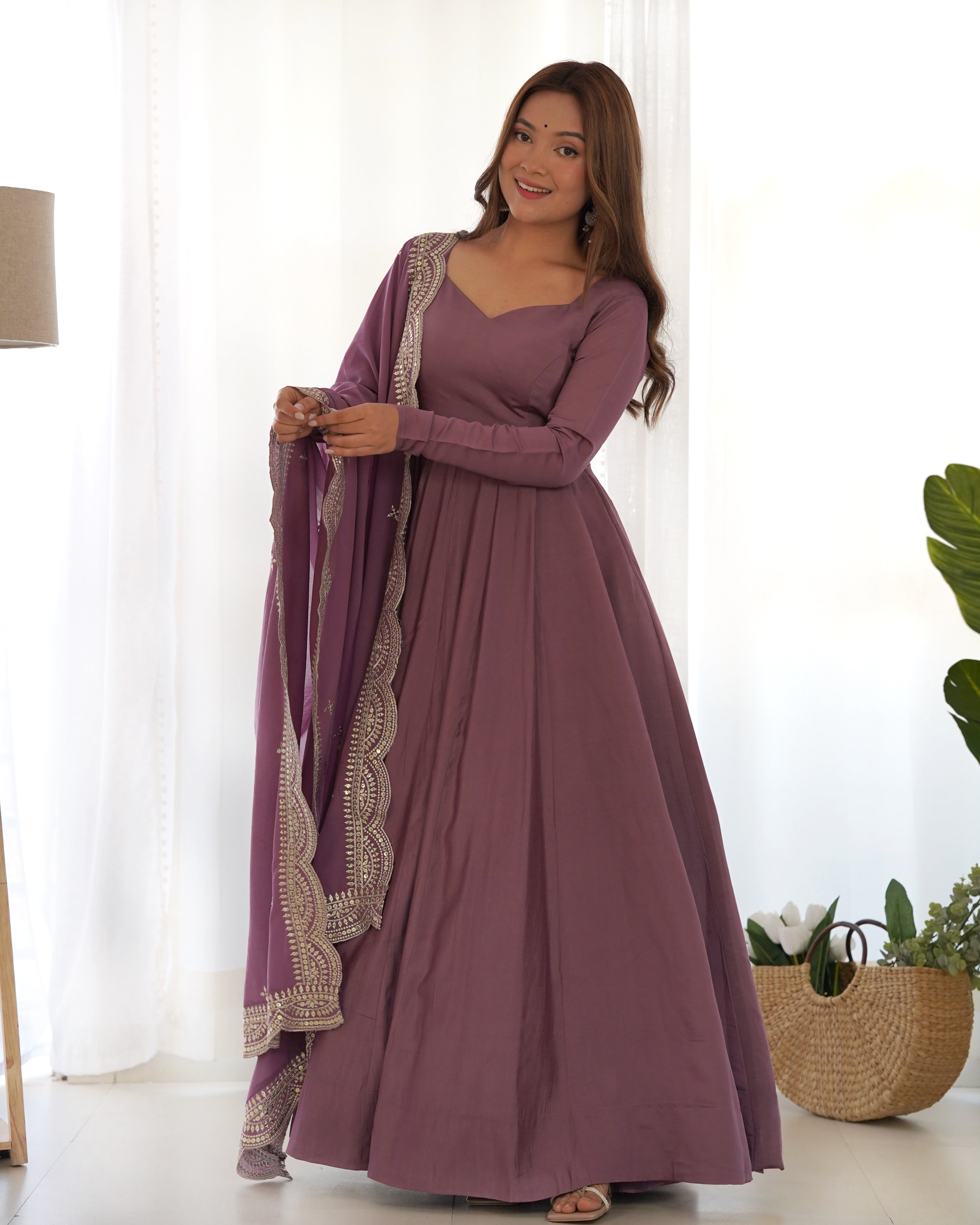Lavender Color Roman Silk Flared Designer Anarkali Gown