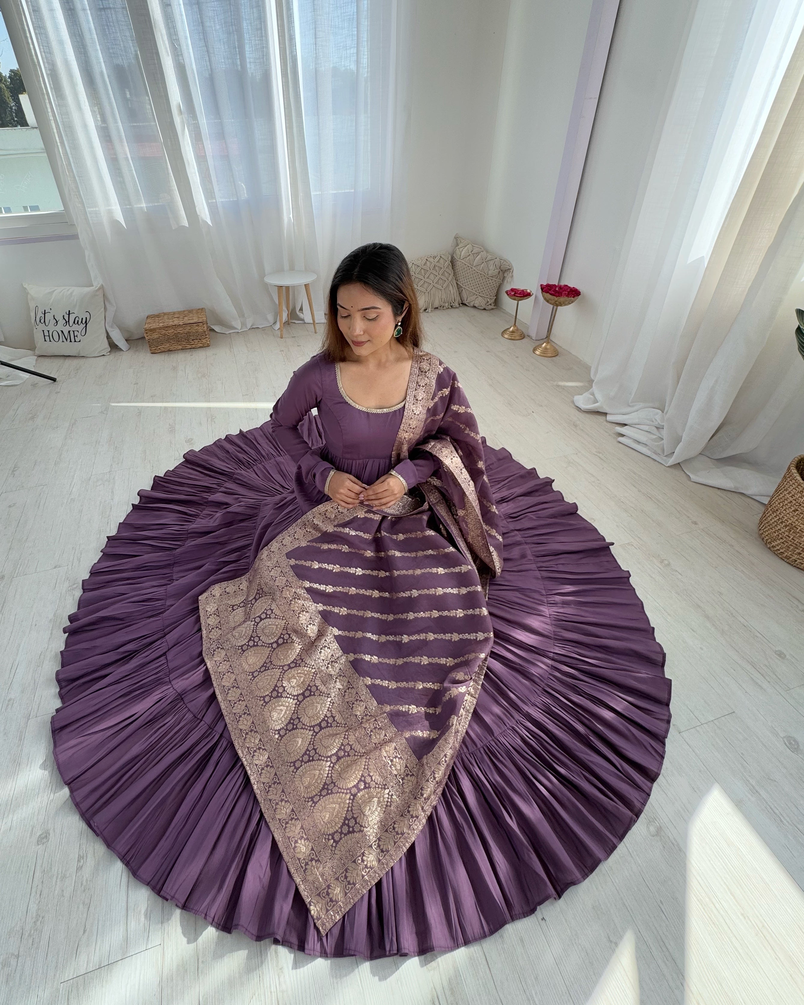 Lavender Color Roman Silk Fully Flair Designer Anarkali Gown