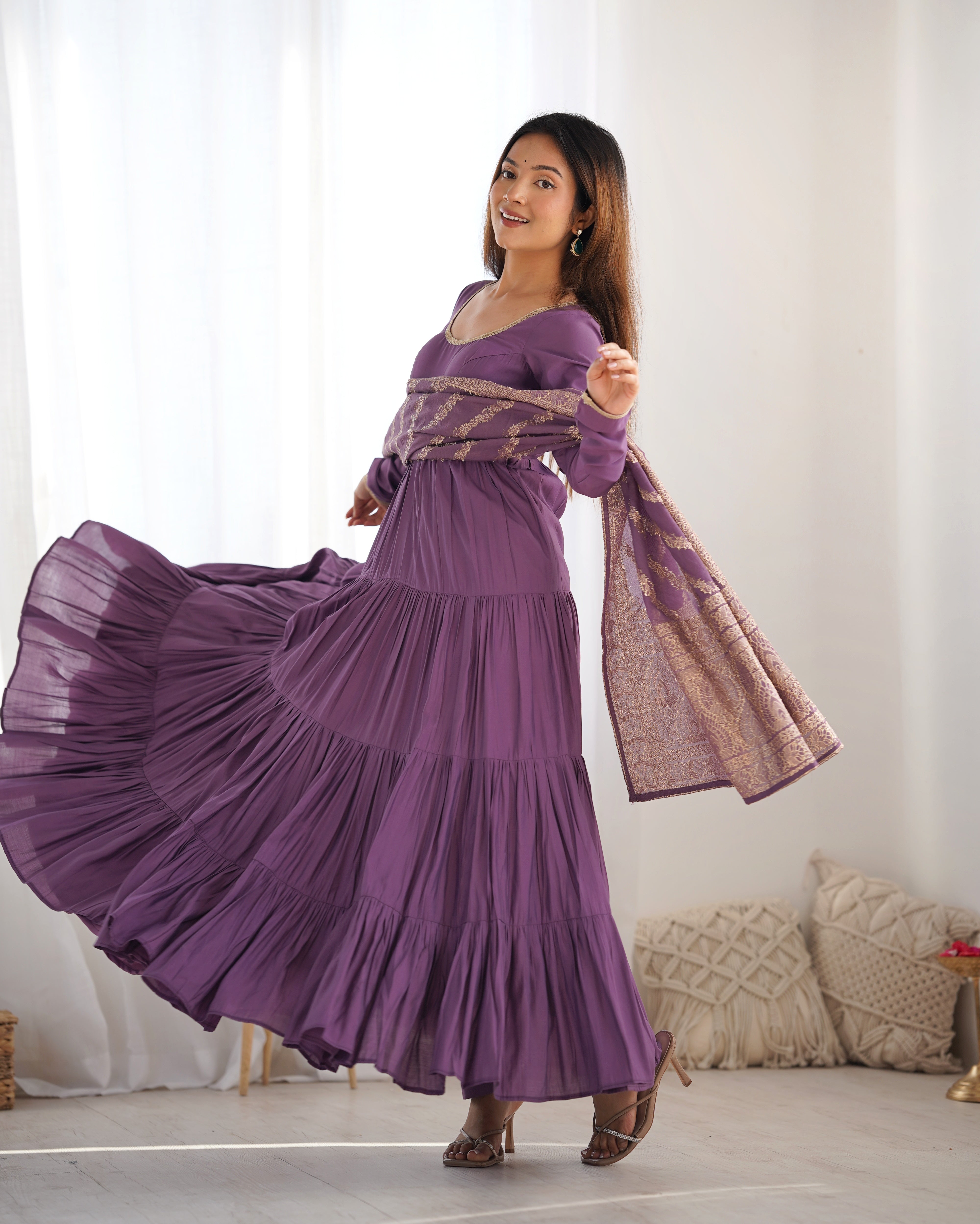 Lavender Color Roman Silk Fully Flair Designer Anarkali Gown