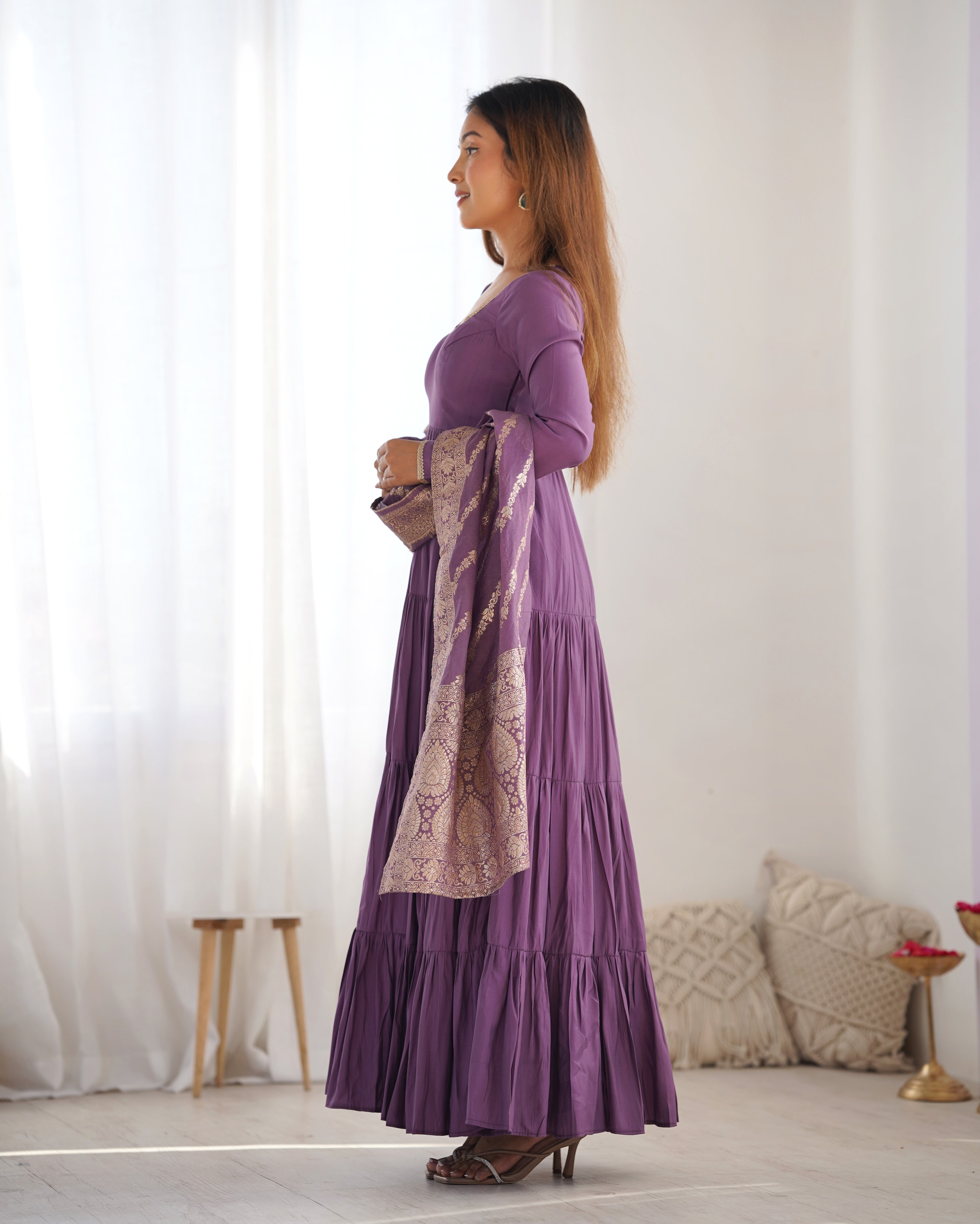 Lavender Color Roman Silk Fully Flair Designer Anarkali Gown