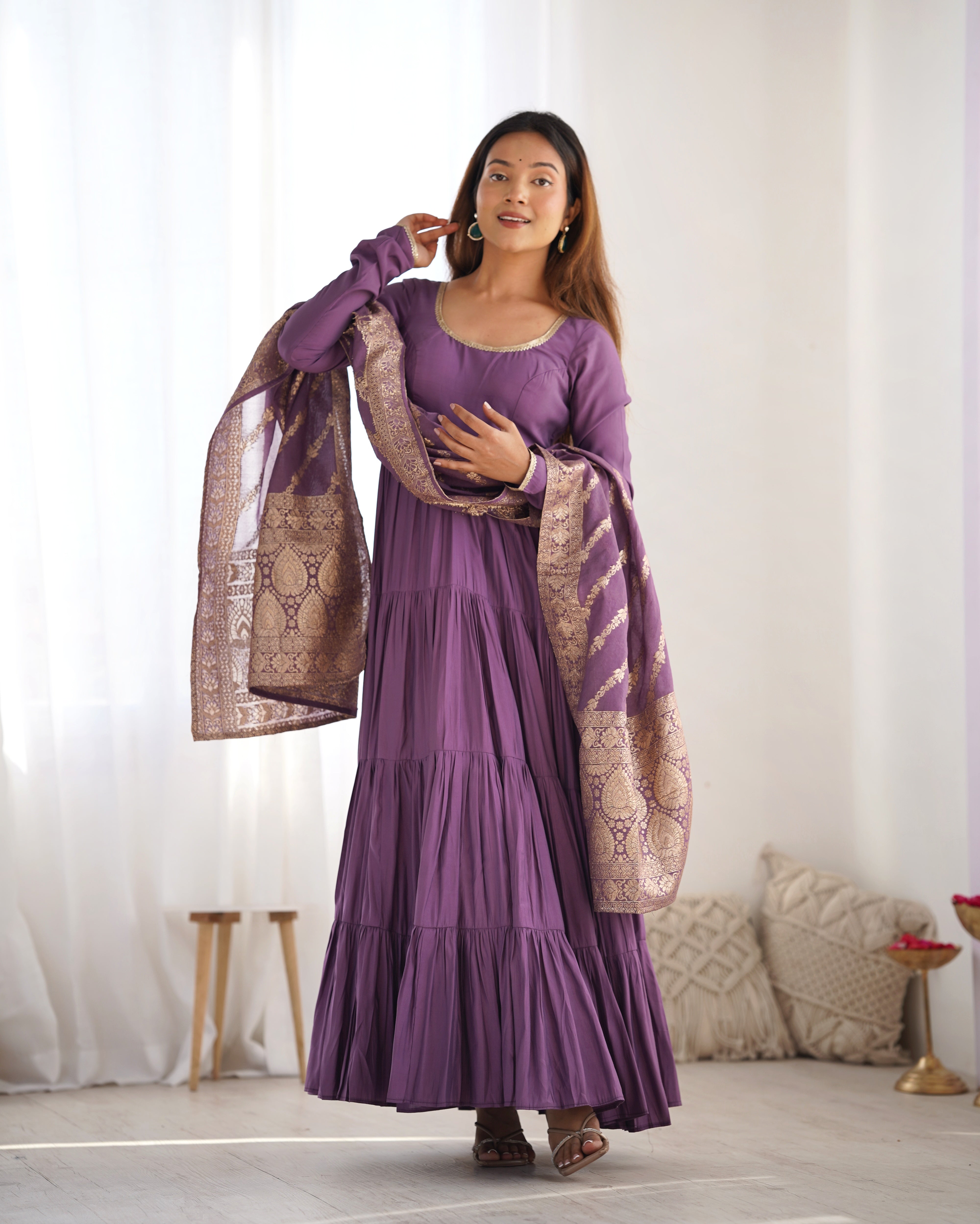 Lavender Color Roman Silk Fully Flair Designer Anarkali Gown