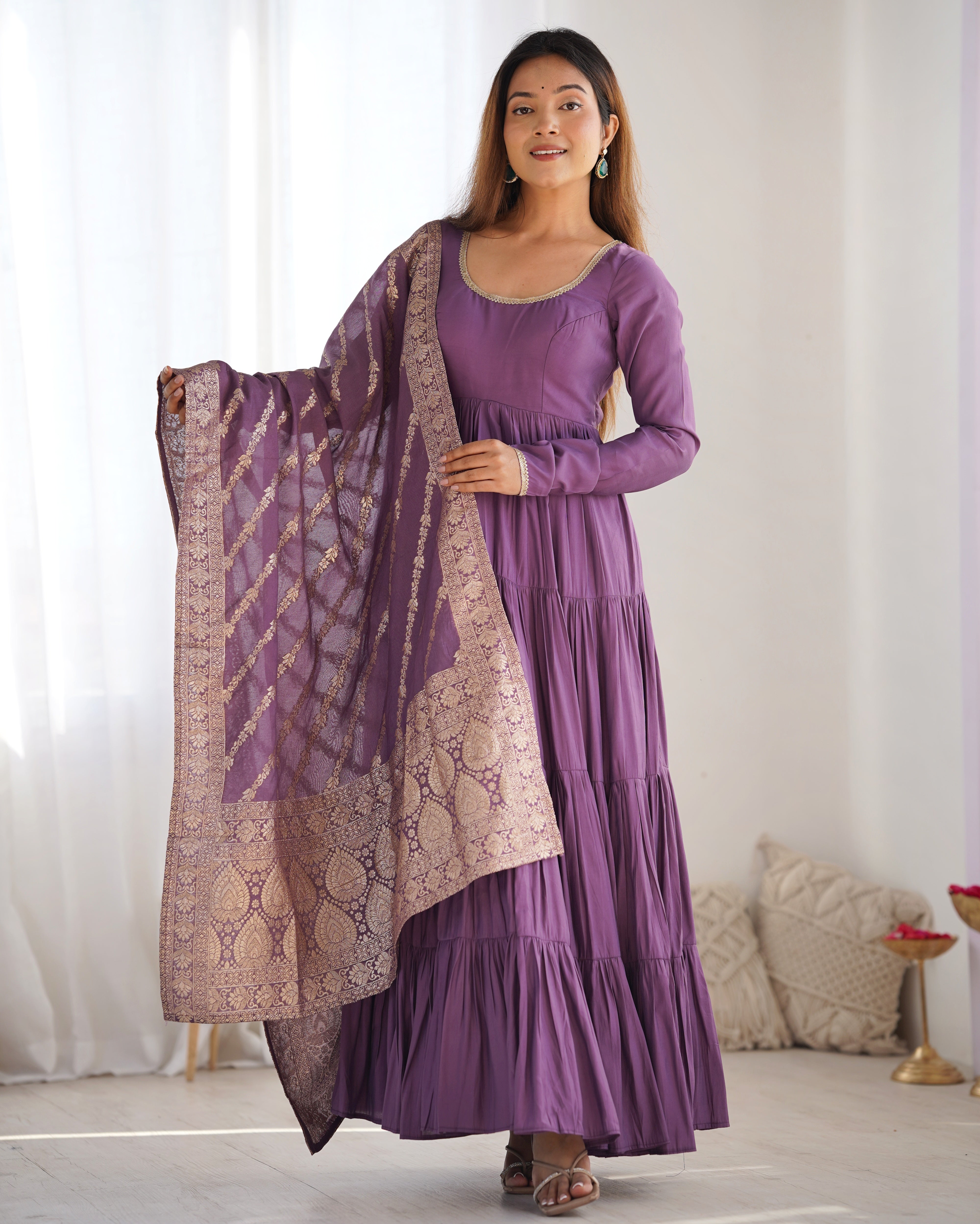 Lavender Color Roman Silk Fully Flair Designer Anarkali Gown