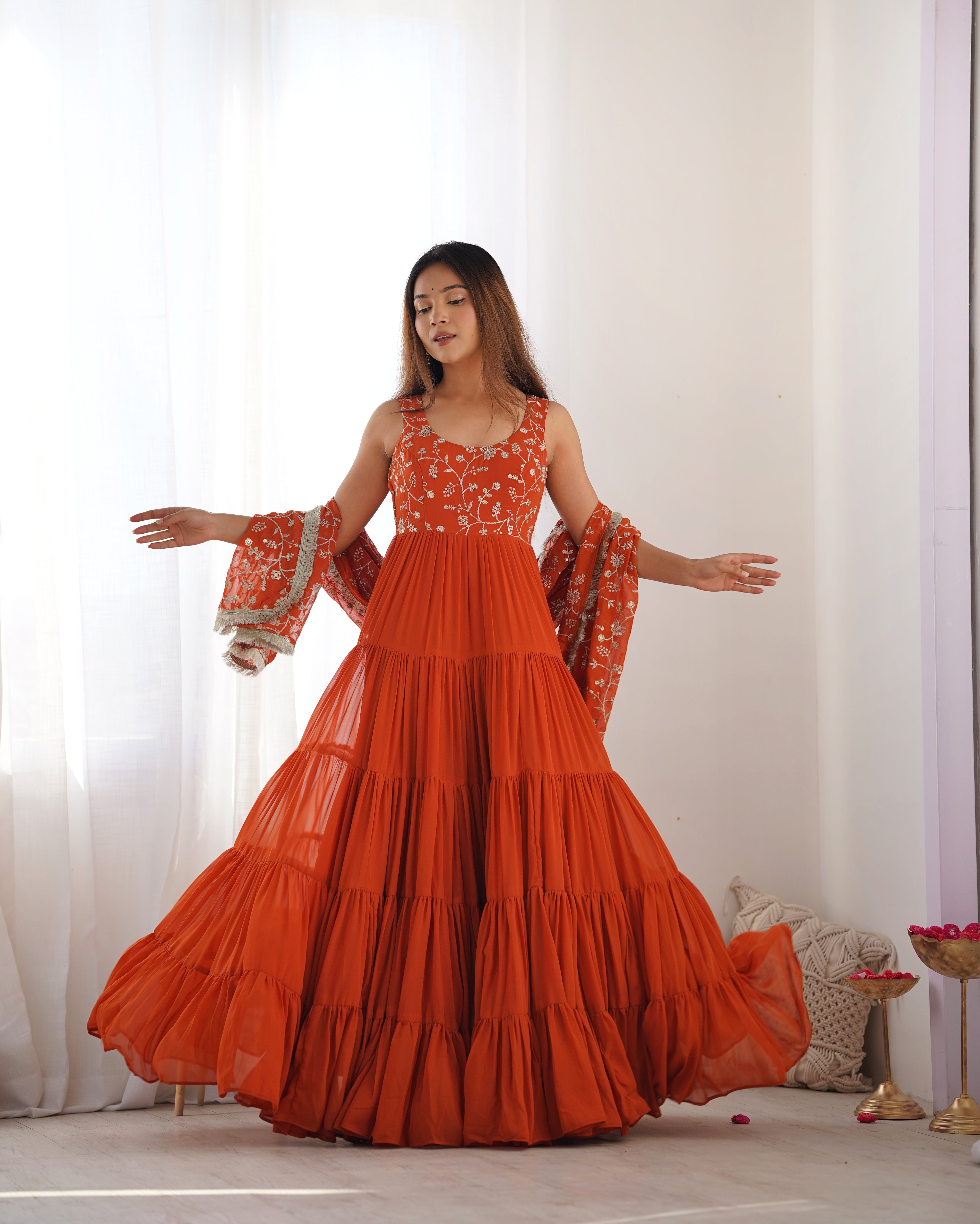 Orange Color 12.5 Meter Plus Fully Flair Anarkali Gown