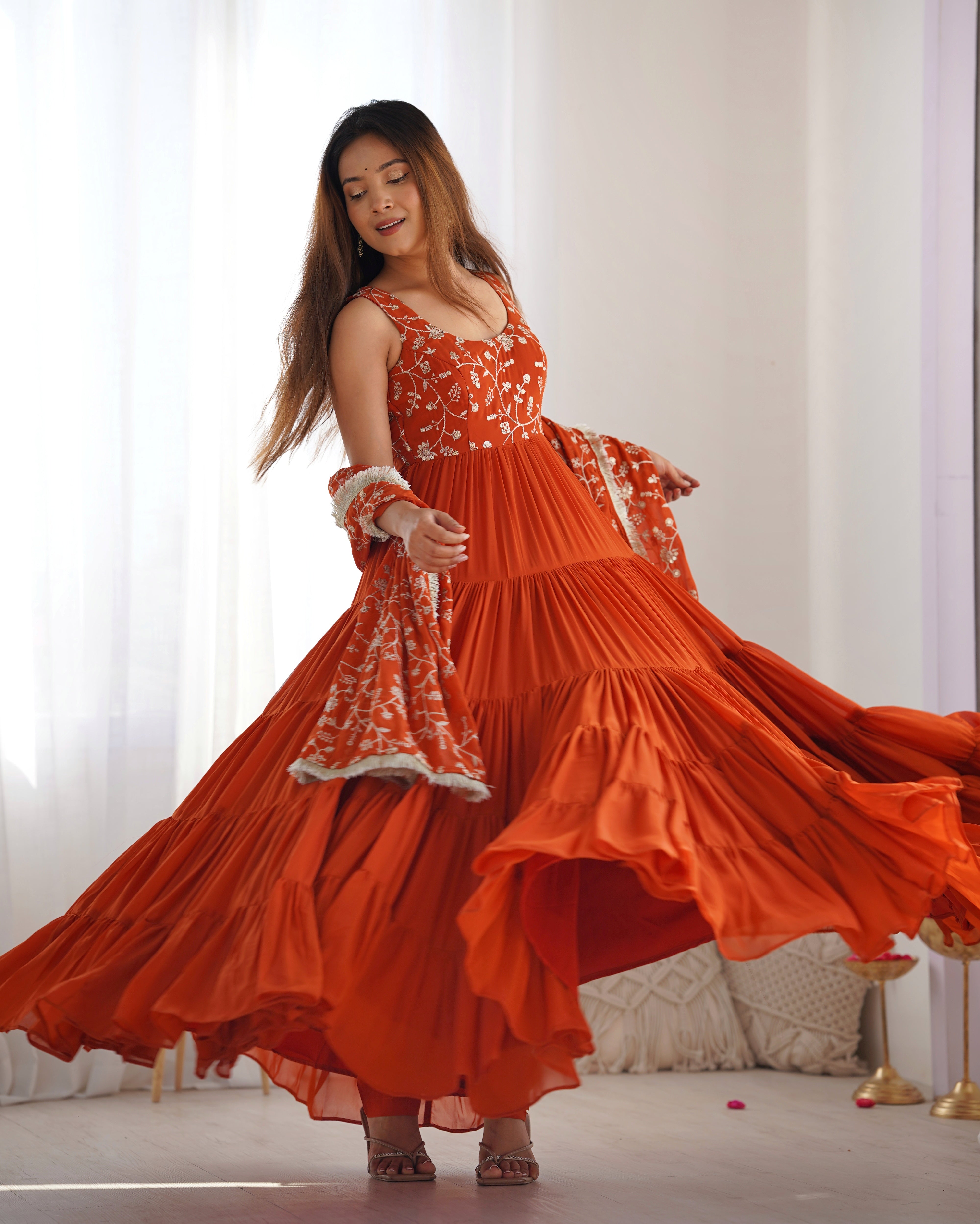 Orange Color 12.5 Meter Plus Fully Flair Anarkali Gown