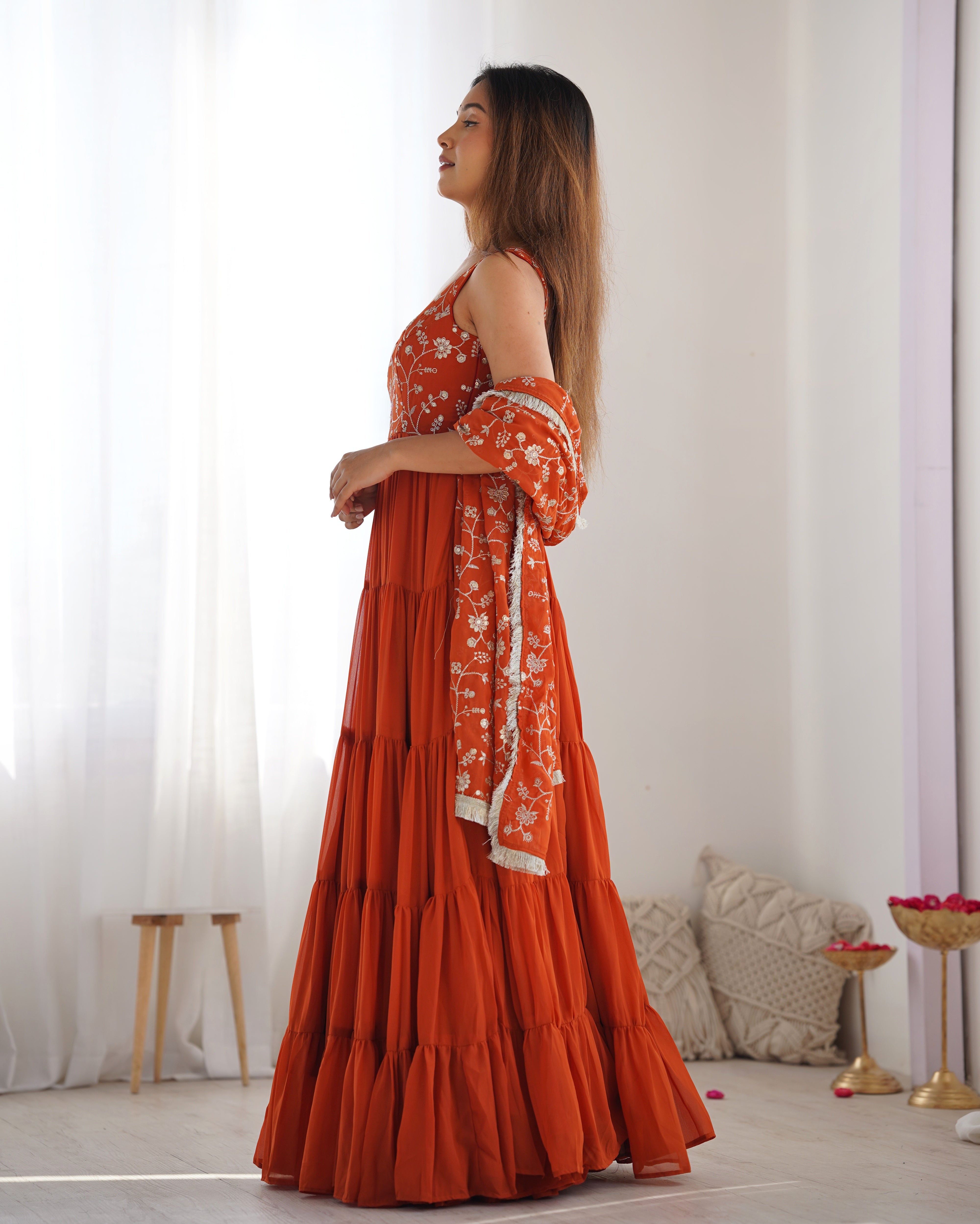 Orange Color 12.5 Meter Plus Fully Flair Anarkali Gown