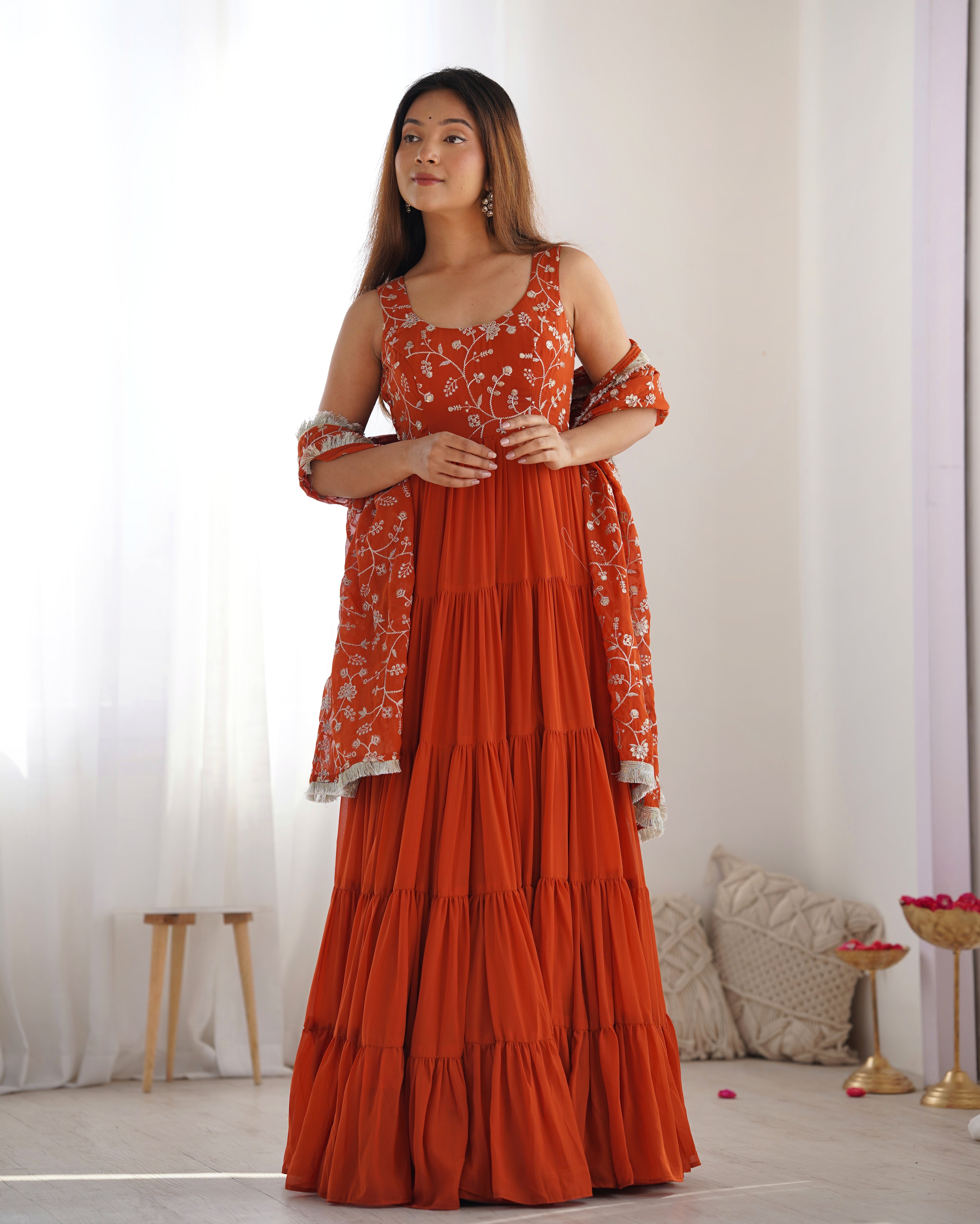 Orange Color 12.5 Meter Plus Fully Flair Anarkali Gown