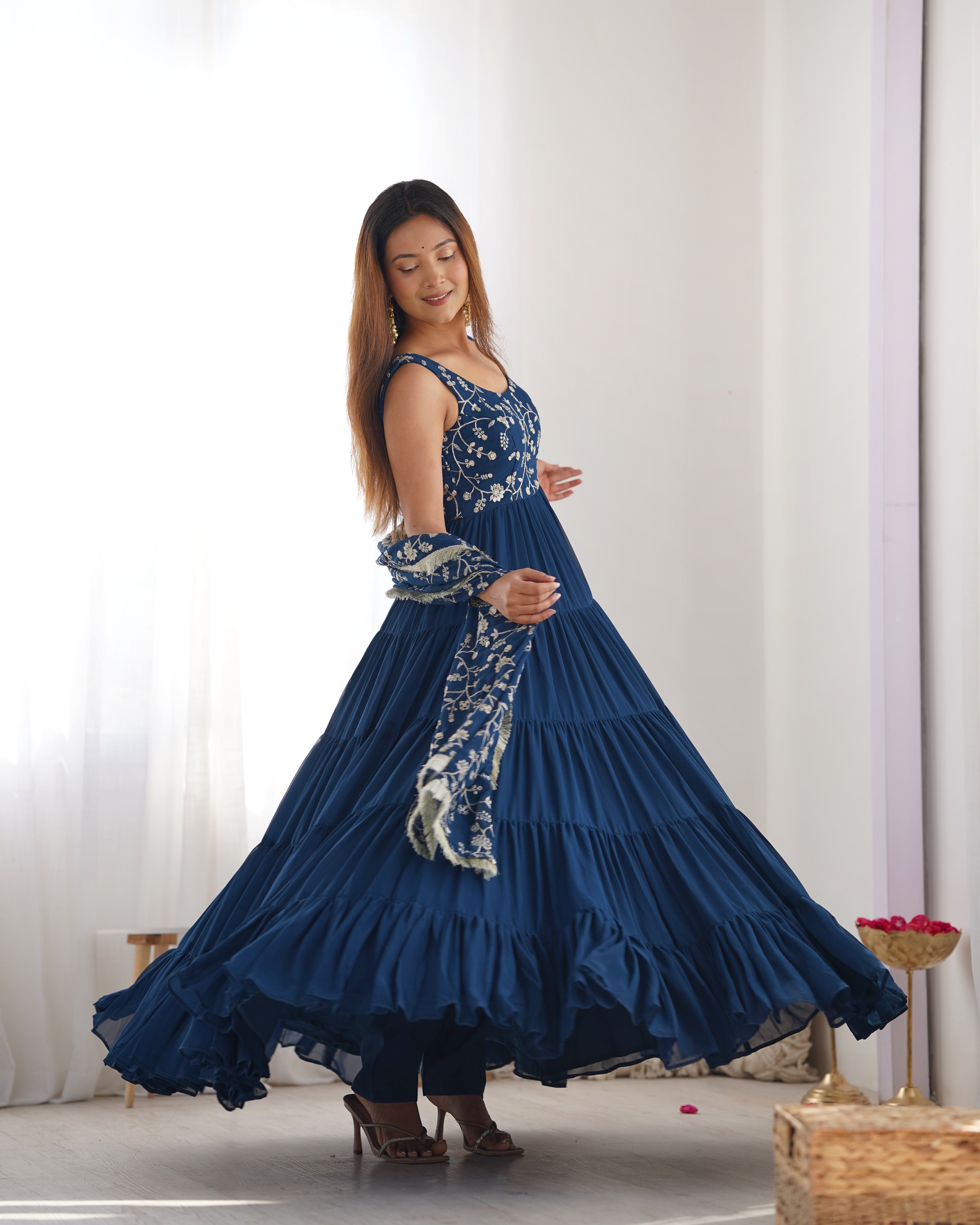 Peacock Blue Color Fully Flair Designer Anarkali Gown