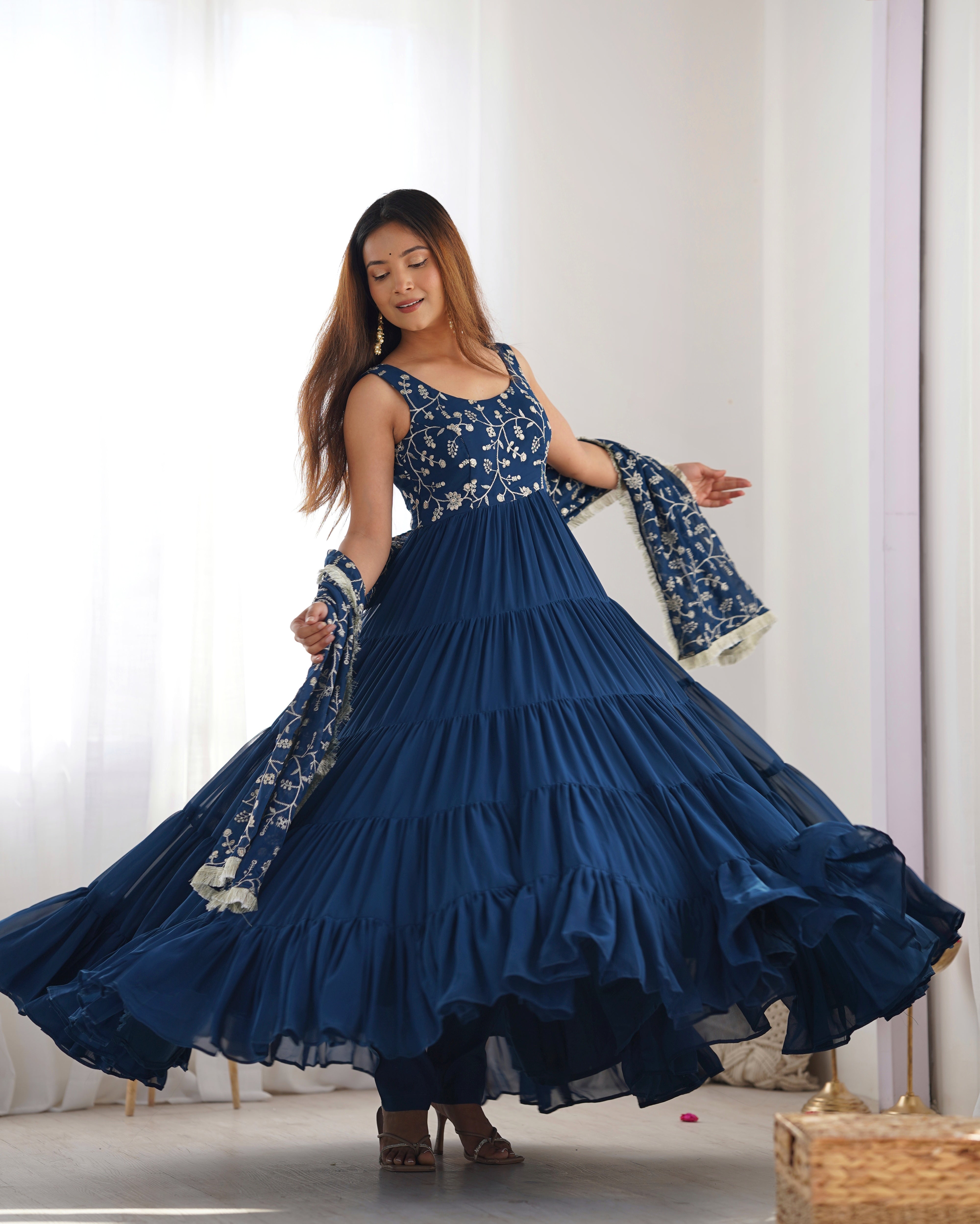 Peacock Blue Color Fully Flair Designer Anarkali Gown