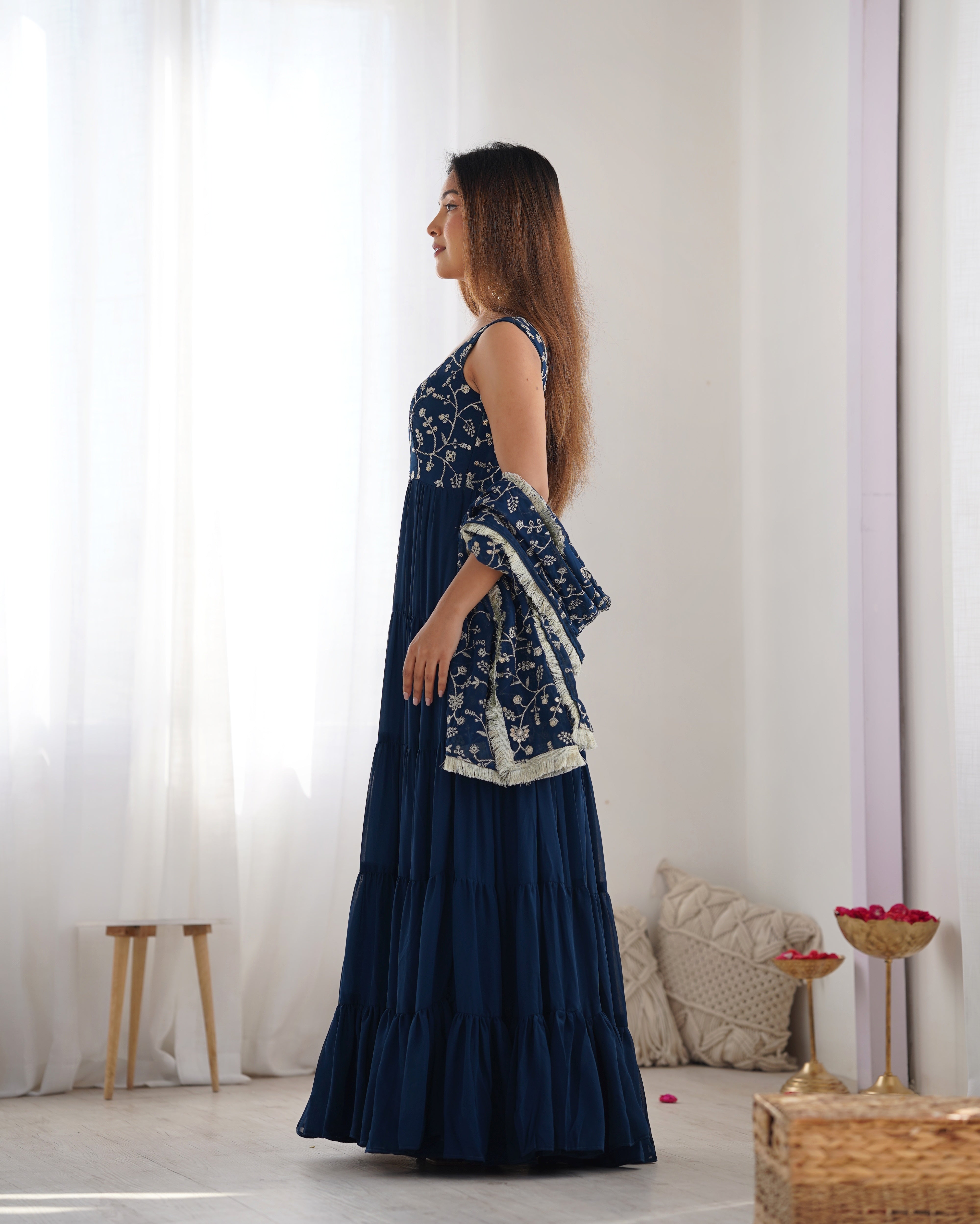 Peacock Blue Color Fully Flair Designer Anarkali Gown