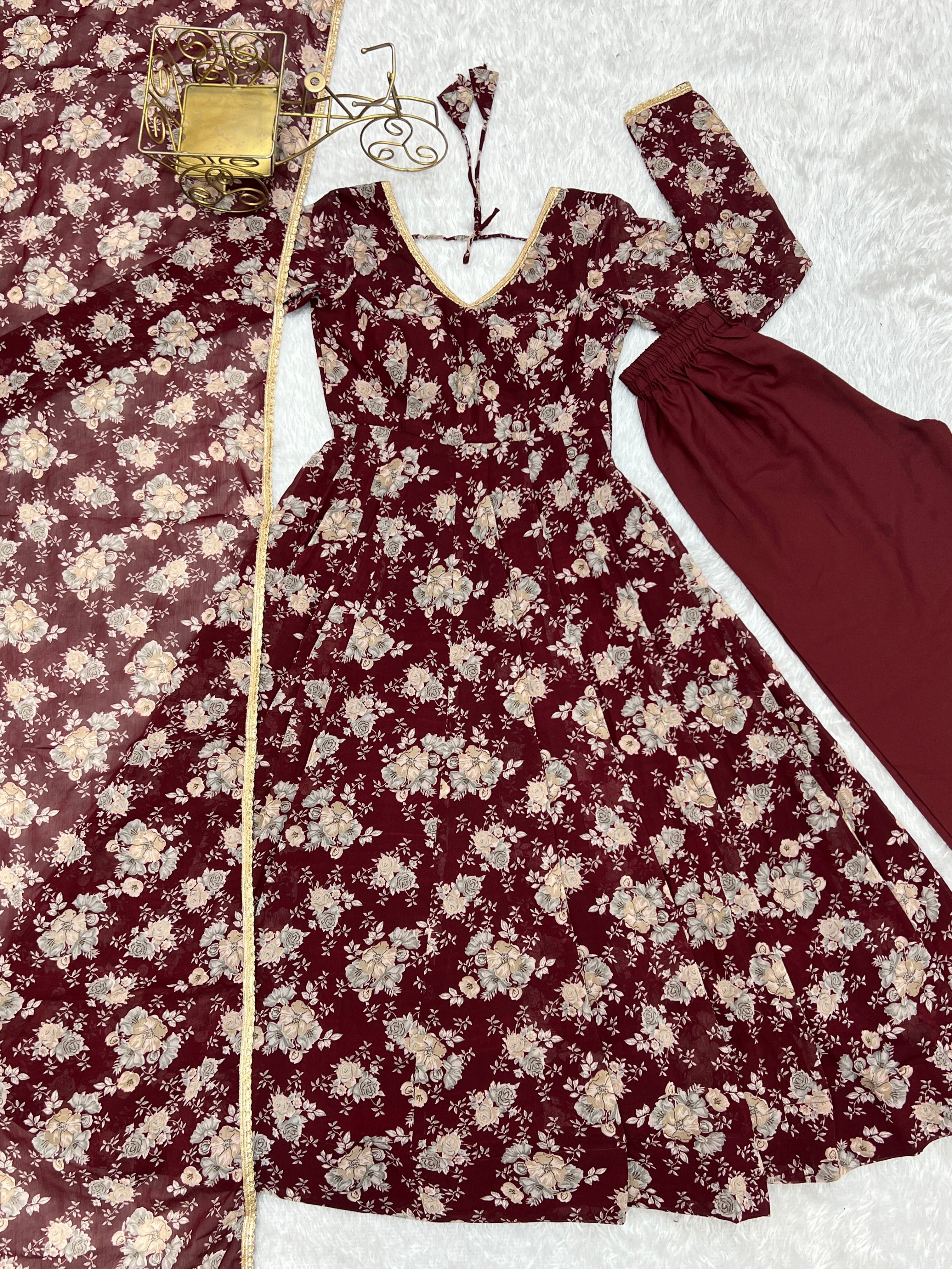 Maroon color Georgette Printed Anarkali Dress With Pant & Dupatta