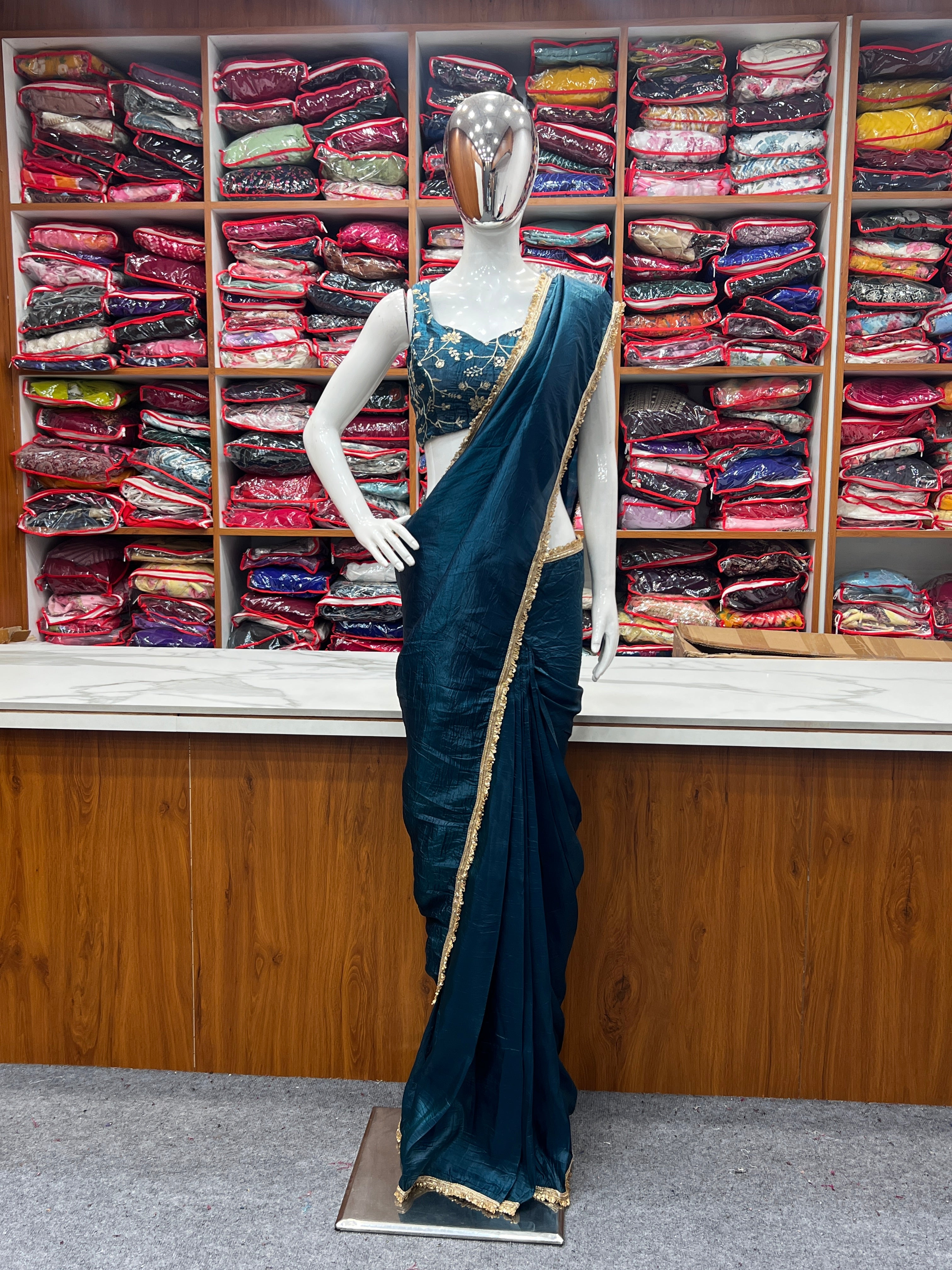 Gold Crush Teal Blue Color Ready To Wear Designer Saree