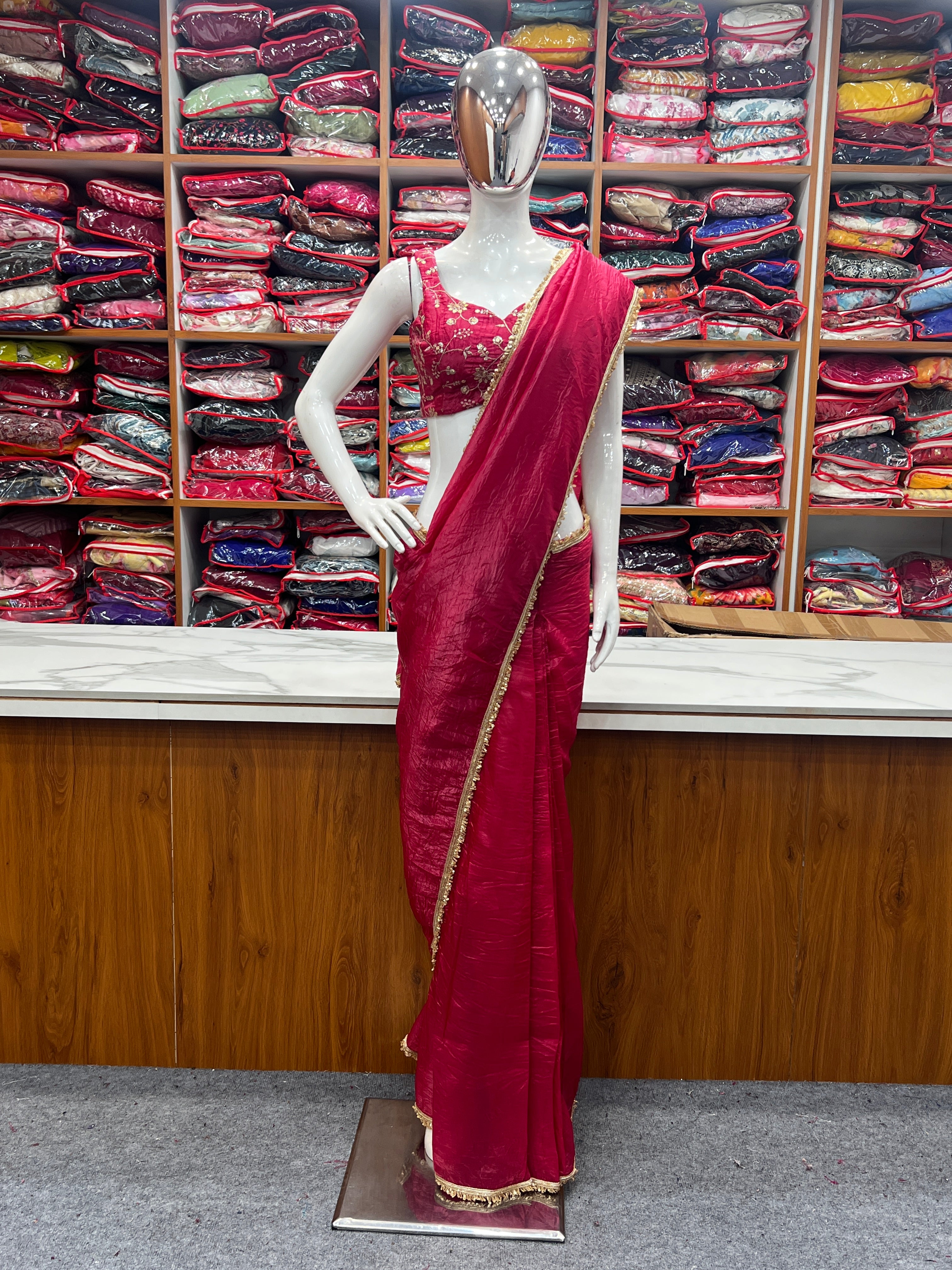 Gold Crush Rani Pink Color Ready To Wear Saree