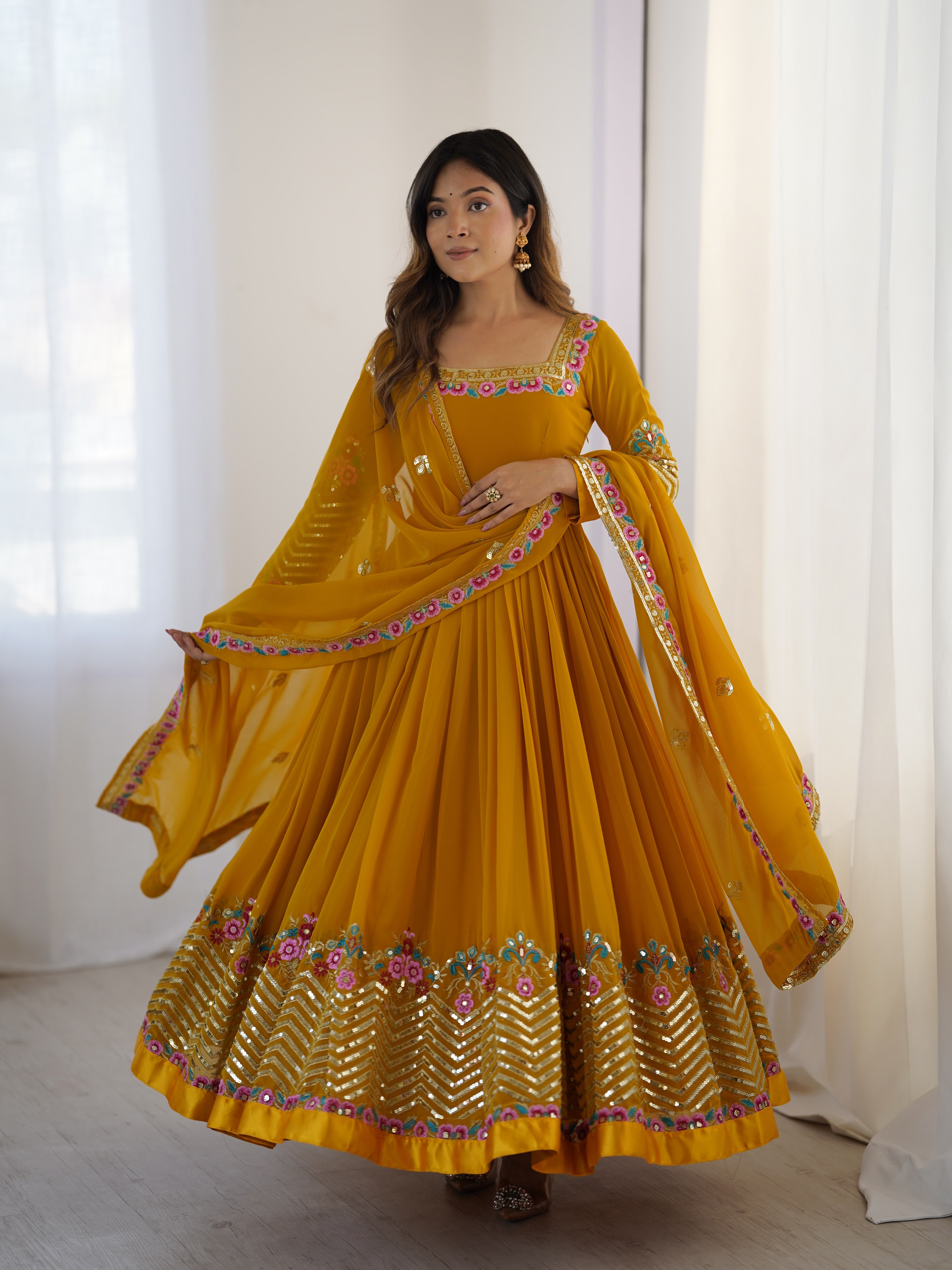 Yellow Color Georgette Party Wear Look Gown-Dupatta